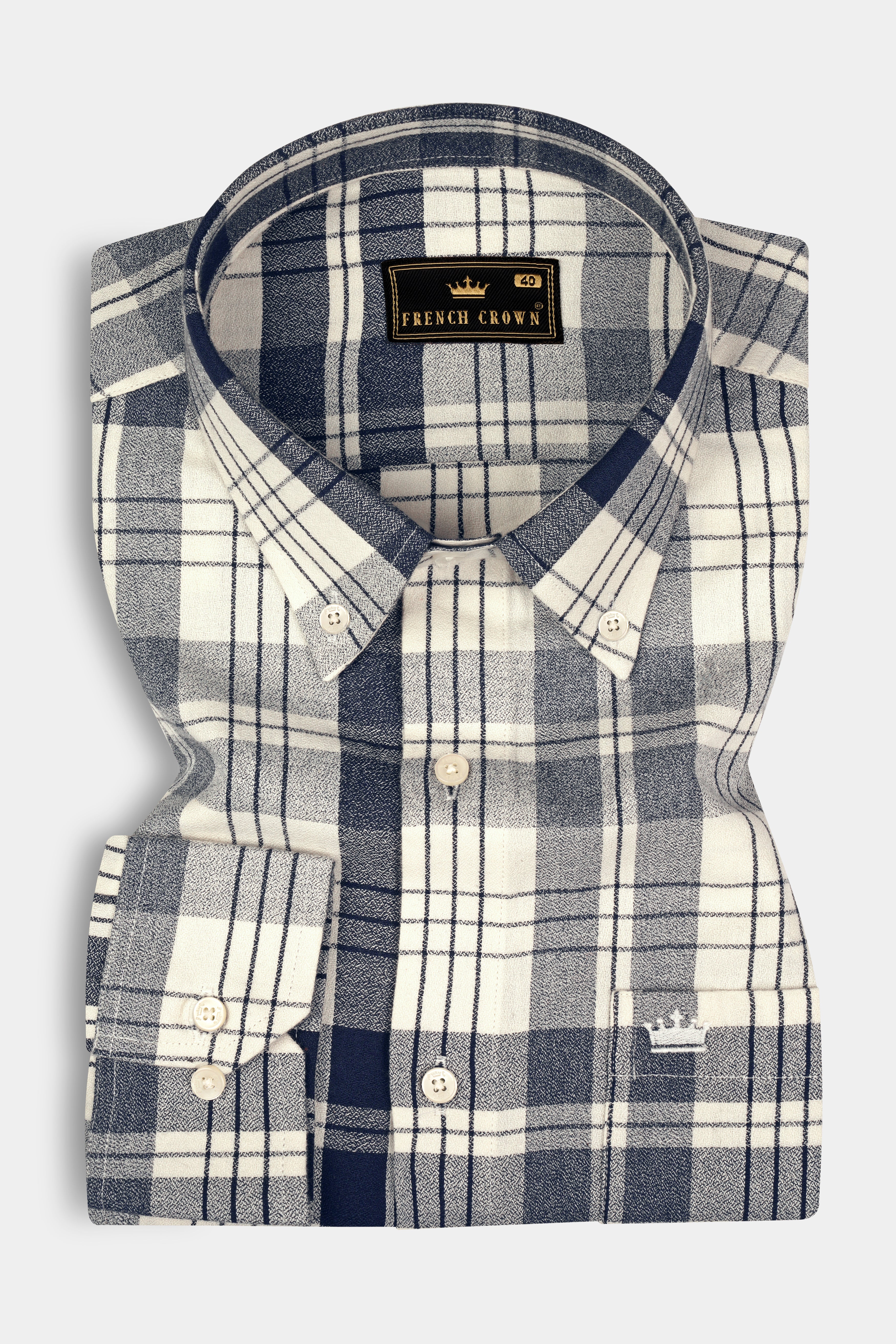 Off White and Haiti Blue Twill Plaid Premium Cotton Shirt