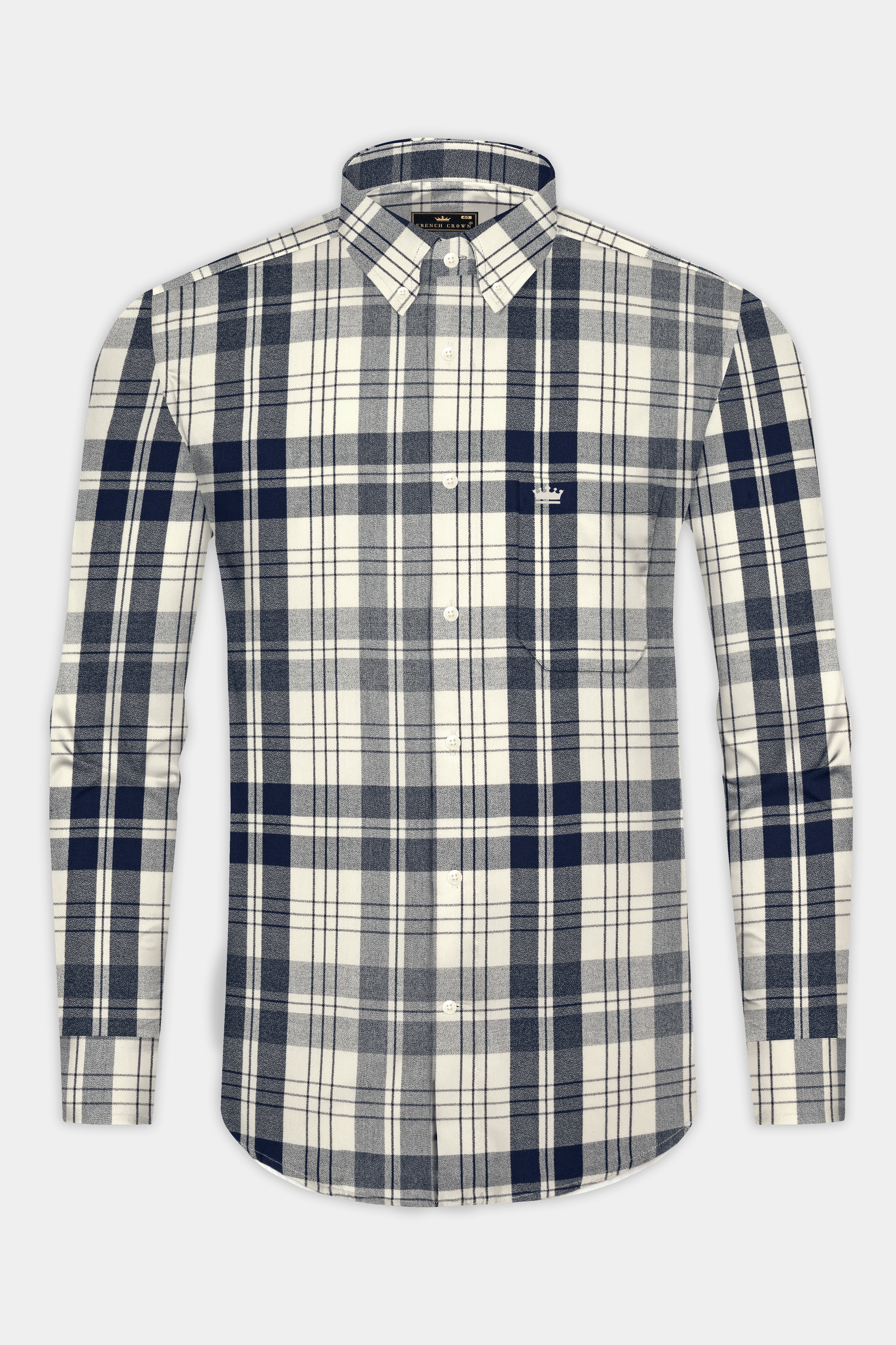 Off White and Haiti Blue Twill Plaid Premium Cotton Shirt