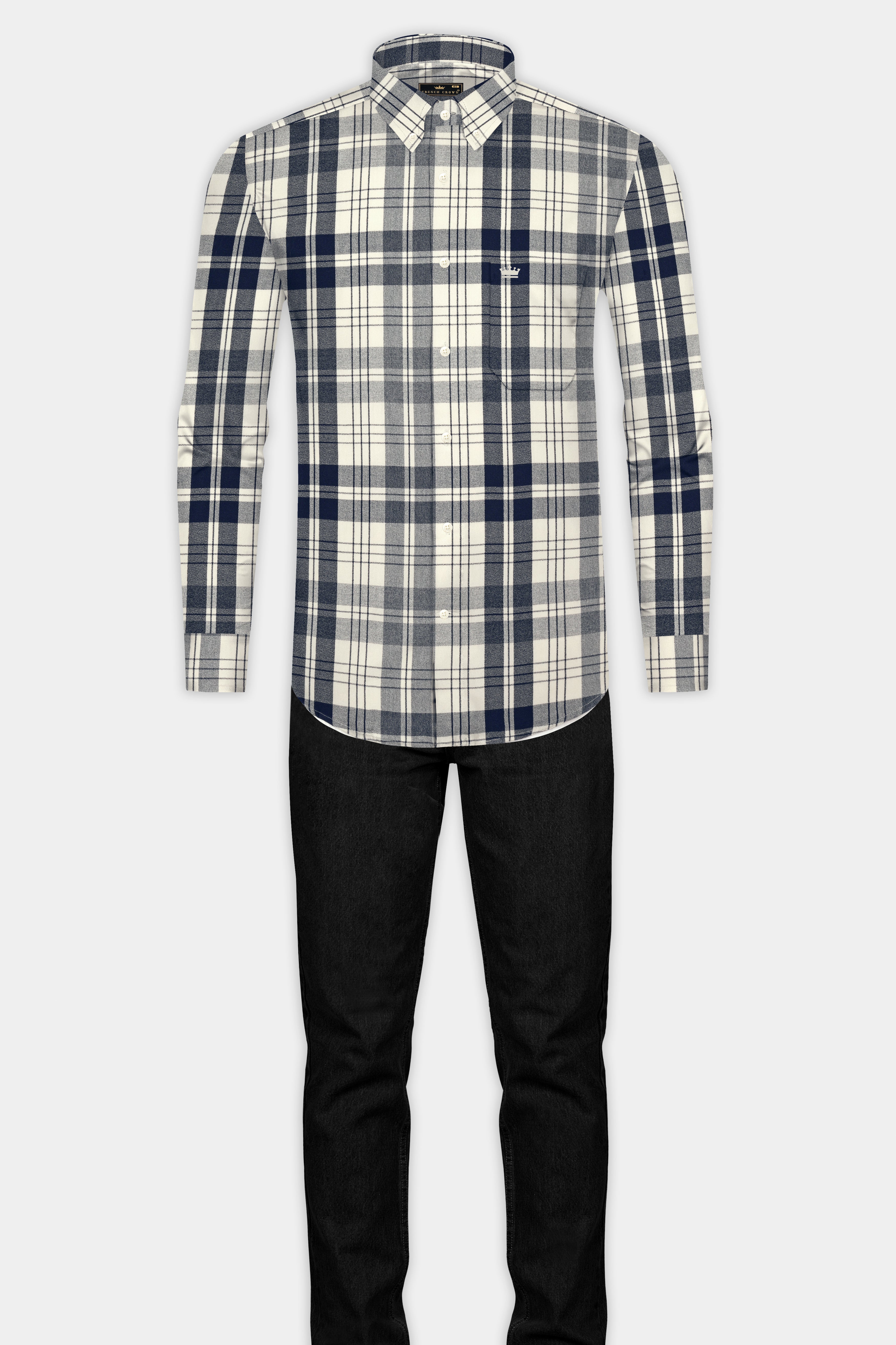 Off White and Haiti Blue Twill Plaid Premium Cotton Shirt