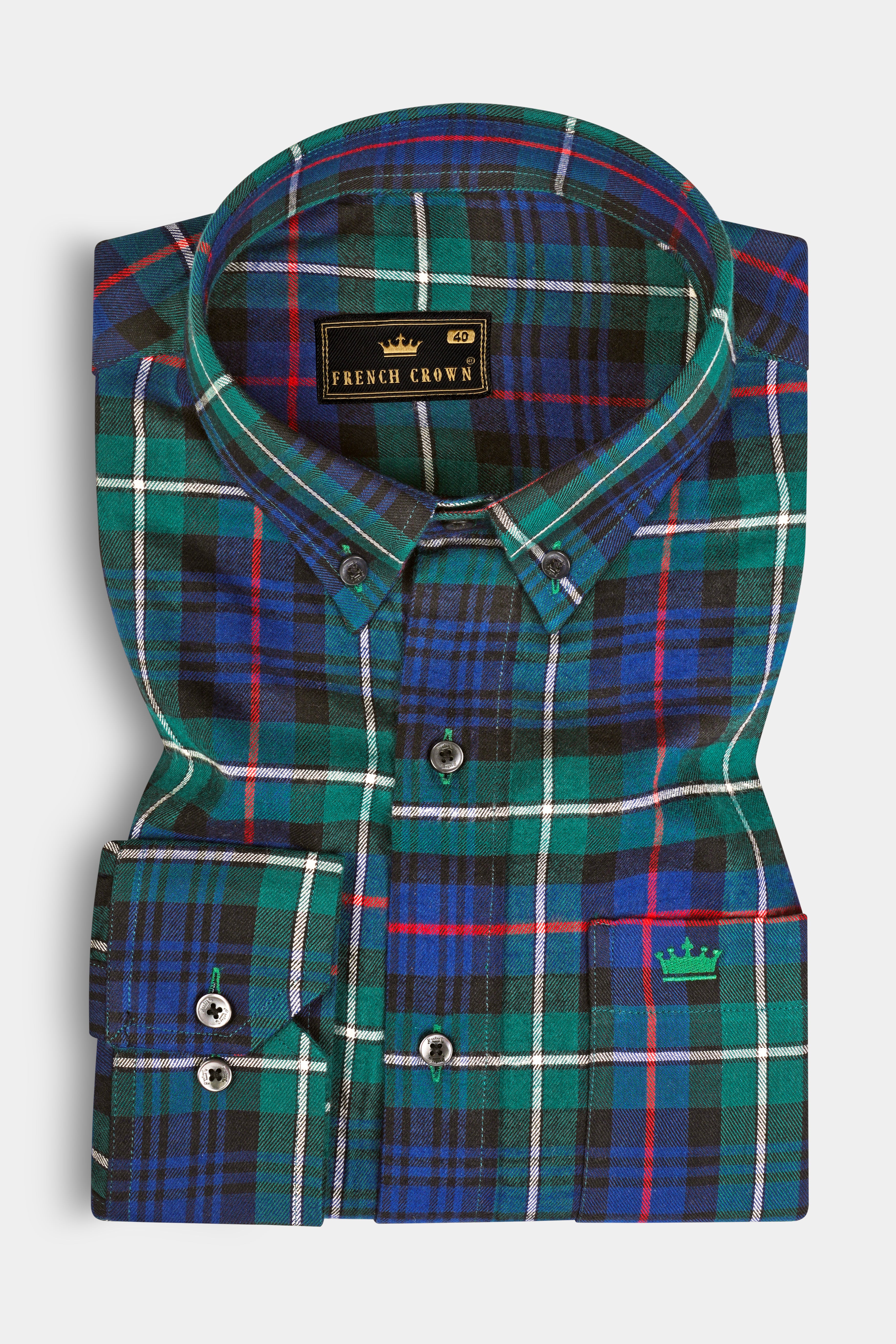 Eucalyptus Green with Chambray Blue Twill Plaid Premium Cotton Shirt