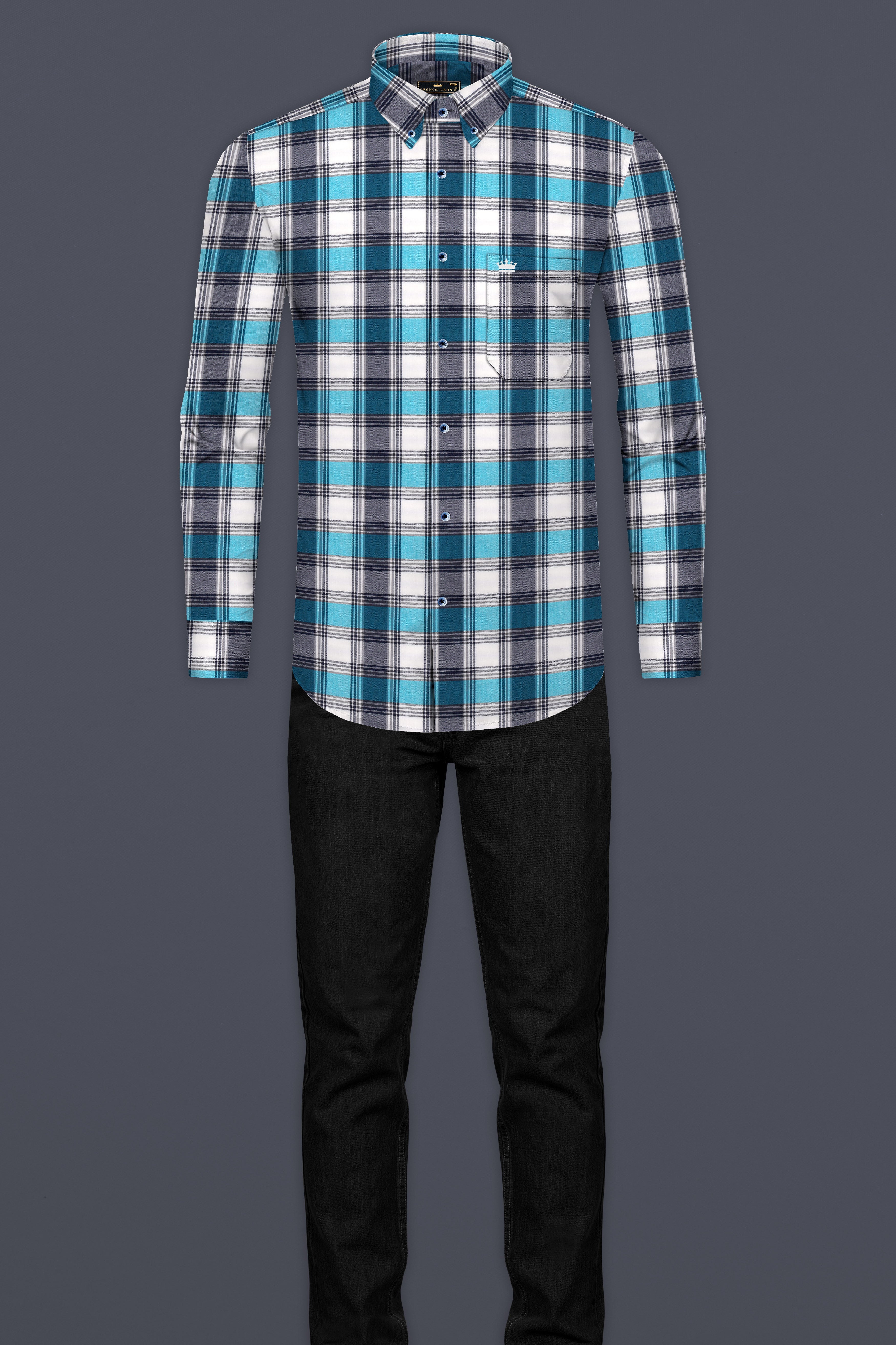 Bright White with Orient and Cloud Burst Blue Plaid Premium Cotton Shirt