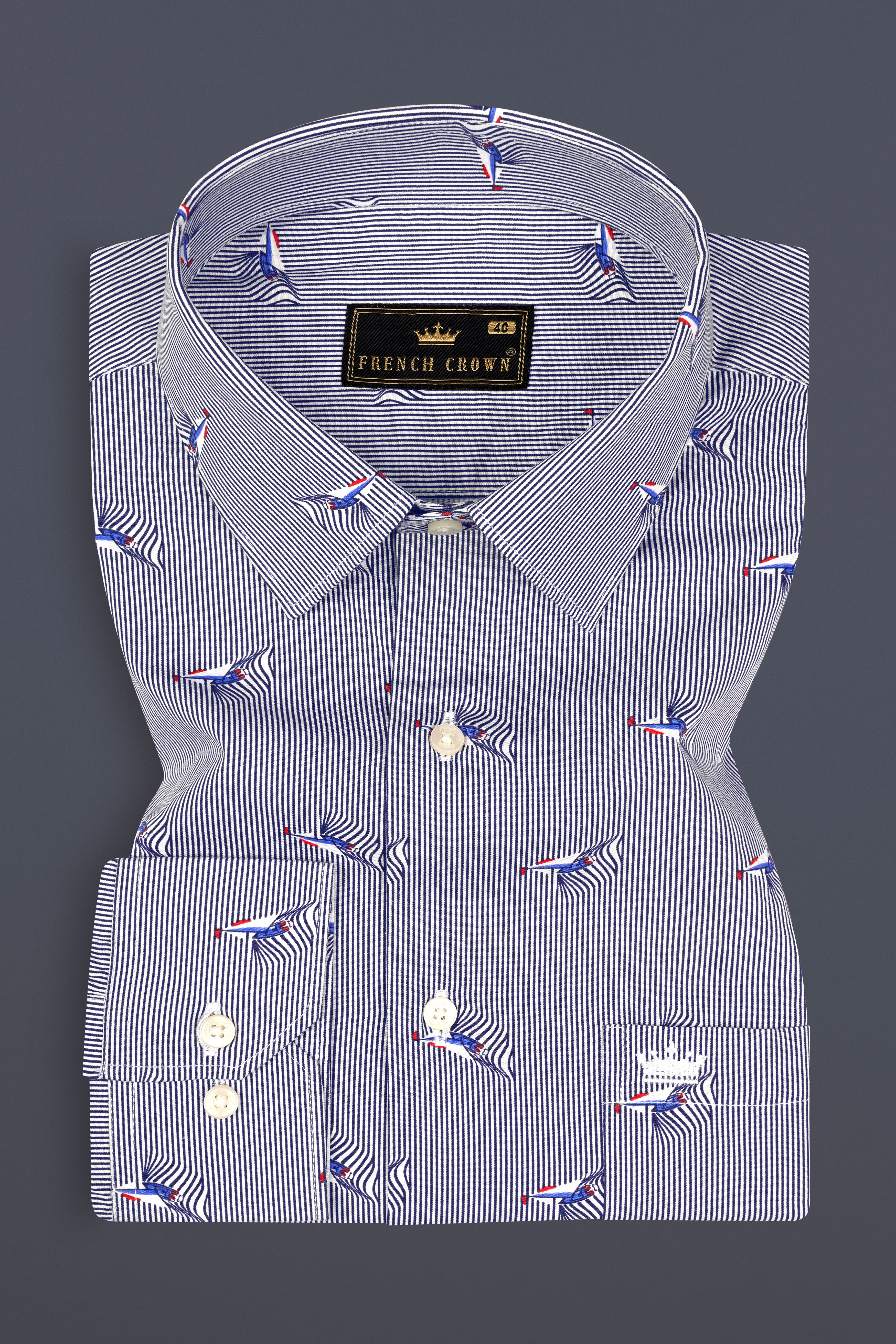 Martinique Blue Boat and Striped Premium Cotton Shirt