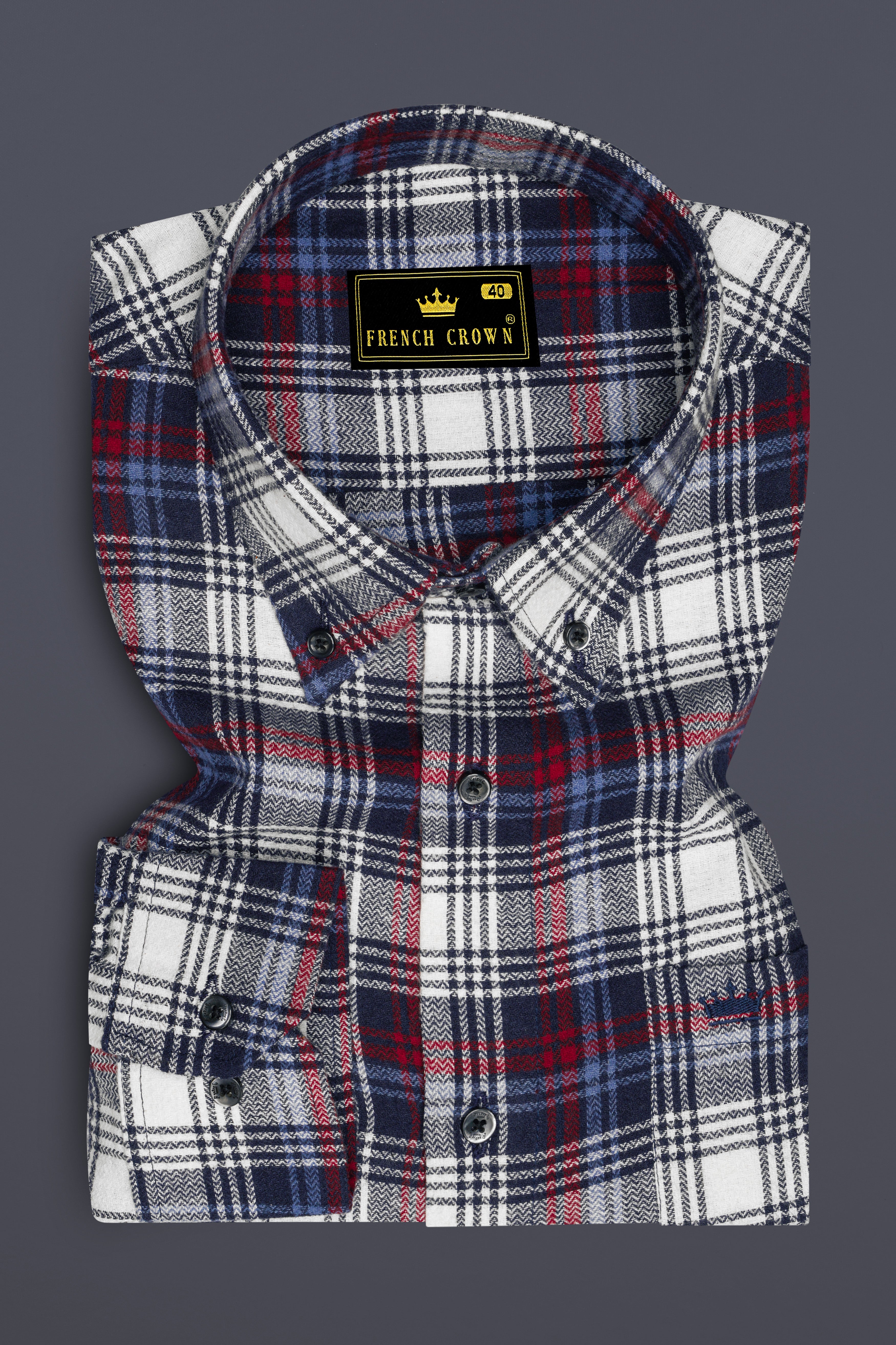 Bright White with Jagger Blue and Cardinal Red Plaid Flannel Shirt