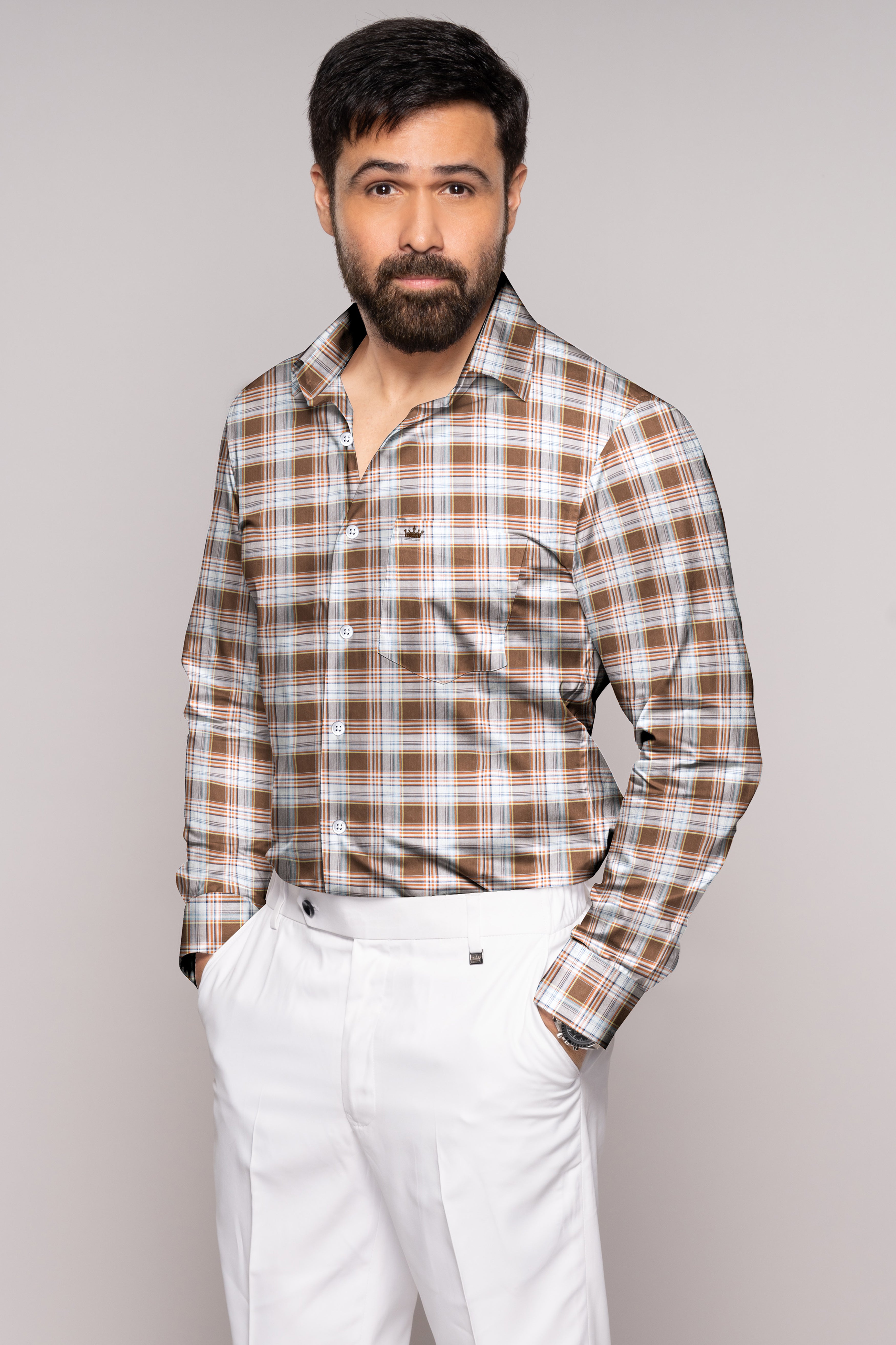 Ferra Brown and White Checkered Premium Cotton Shirt