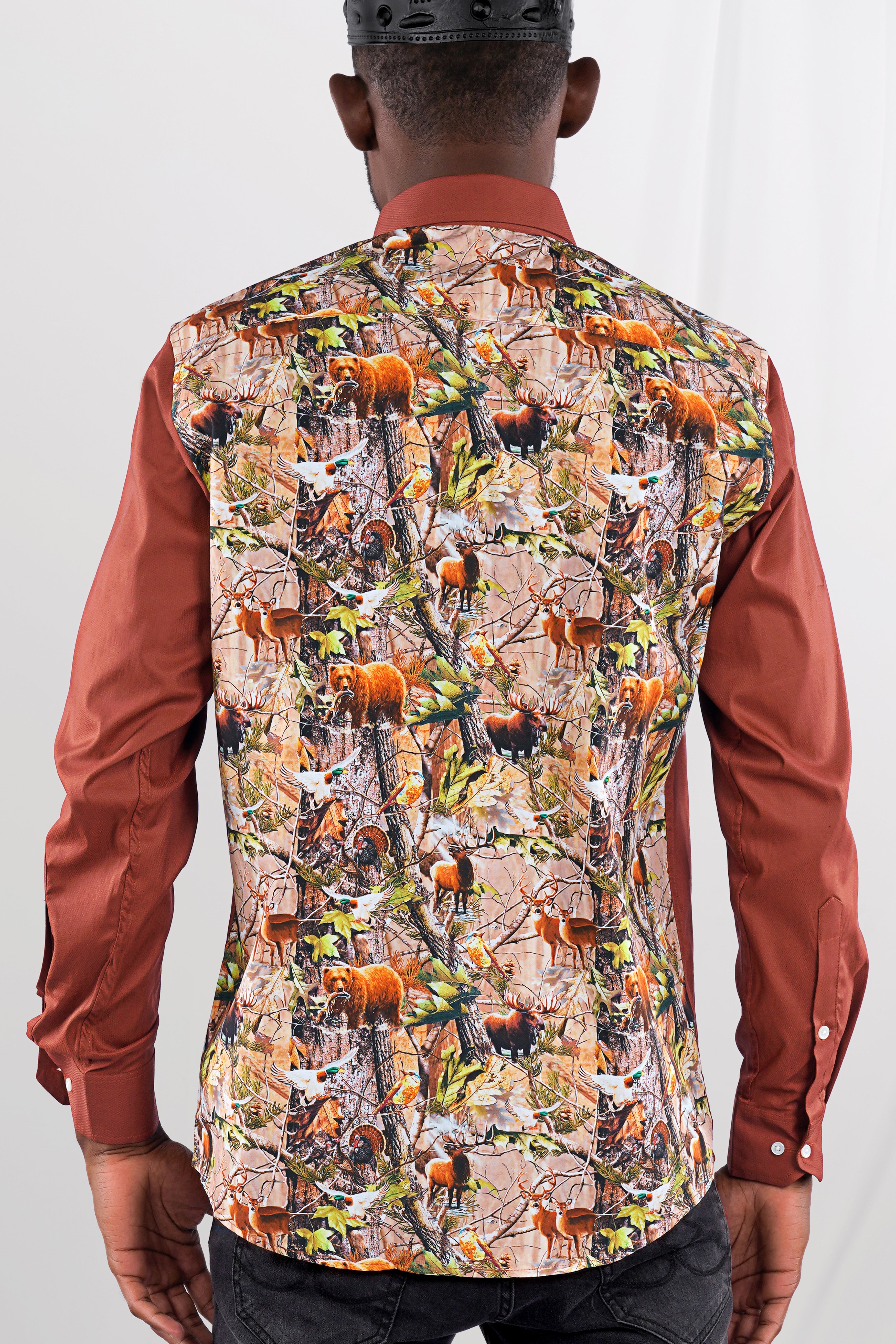 Sepia Rose with Back Tropical Printed Dobby Textured Designer Shirt