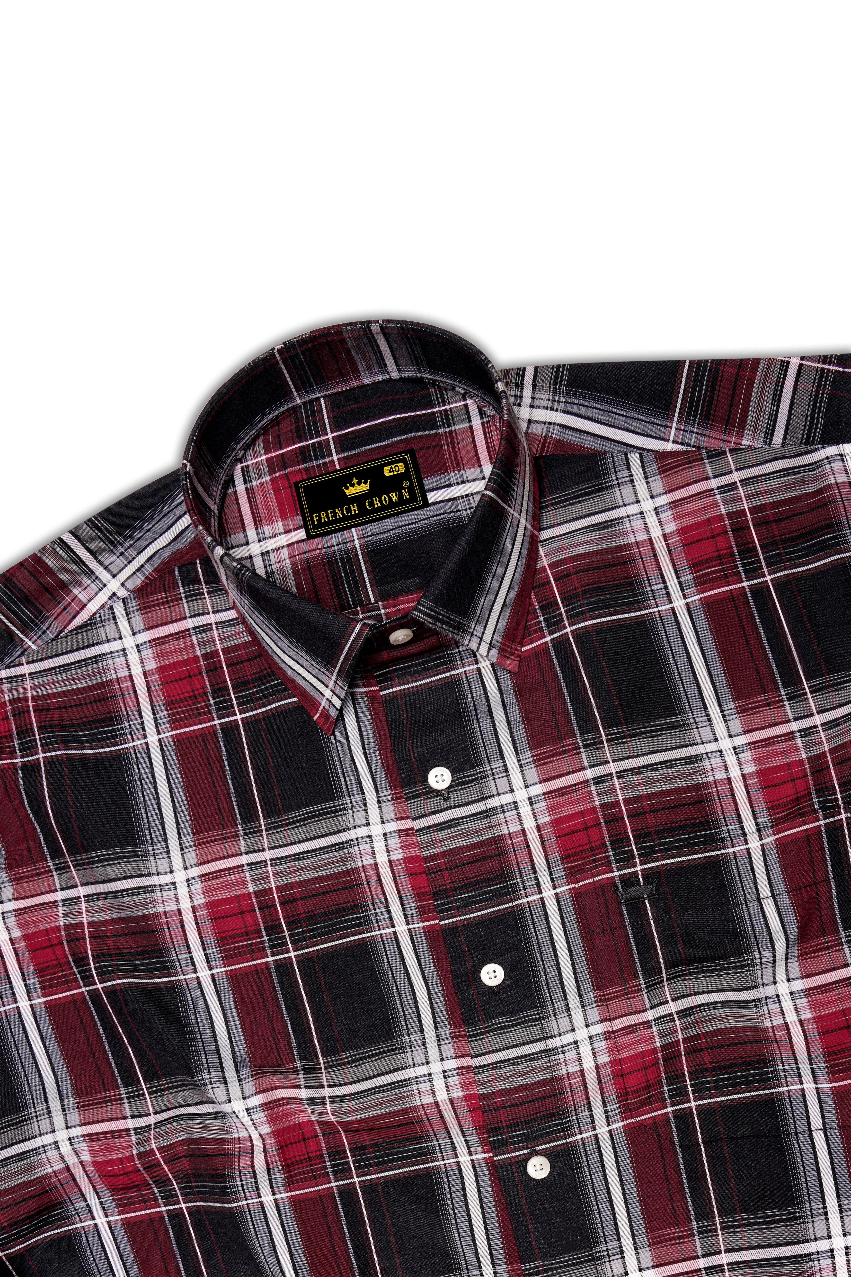 Jade Black and Fire Brick Red Plaid Dobby Textured Premium Giza Cotton Shirt
