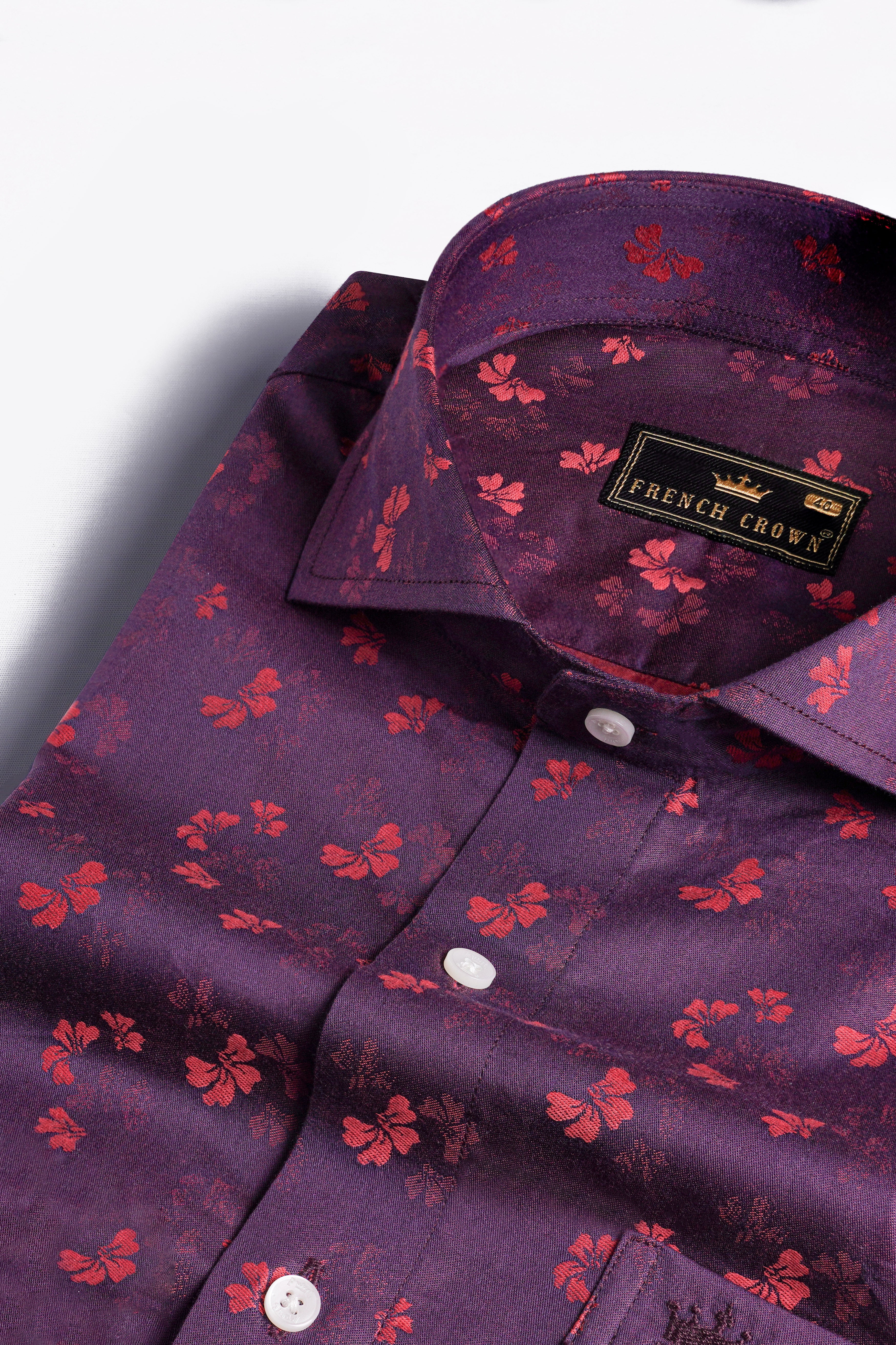 Eggplant Violet Floral Jacquard Textured Premium Giza Cotton Shirt