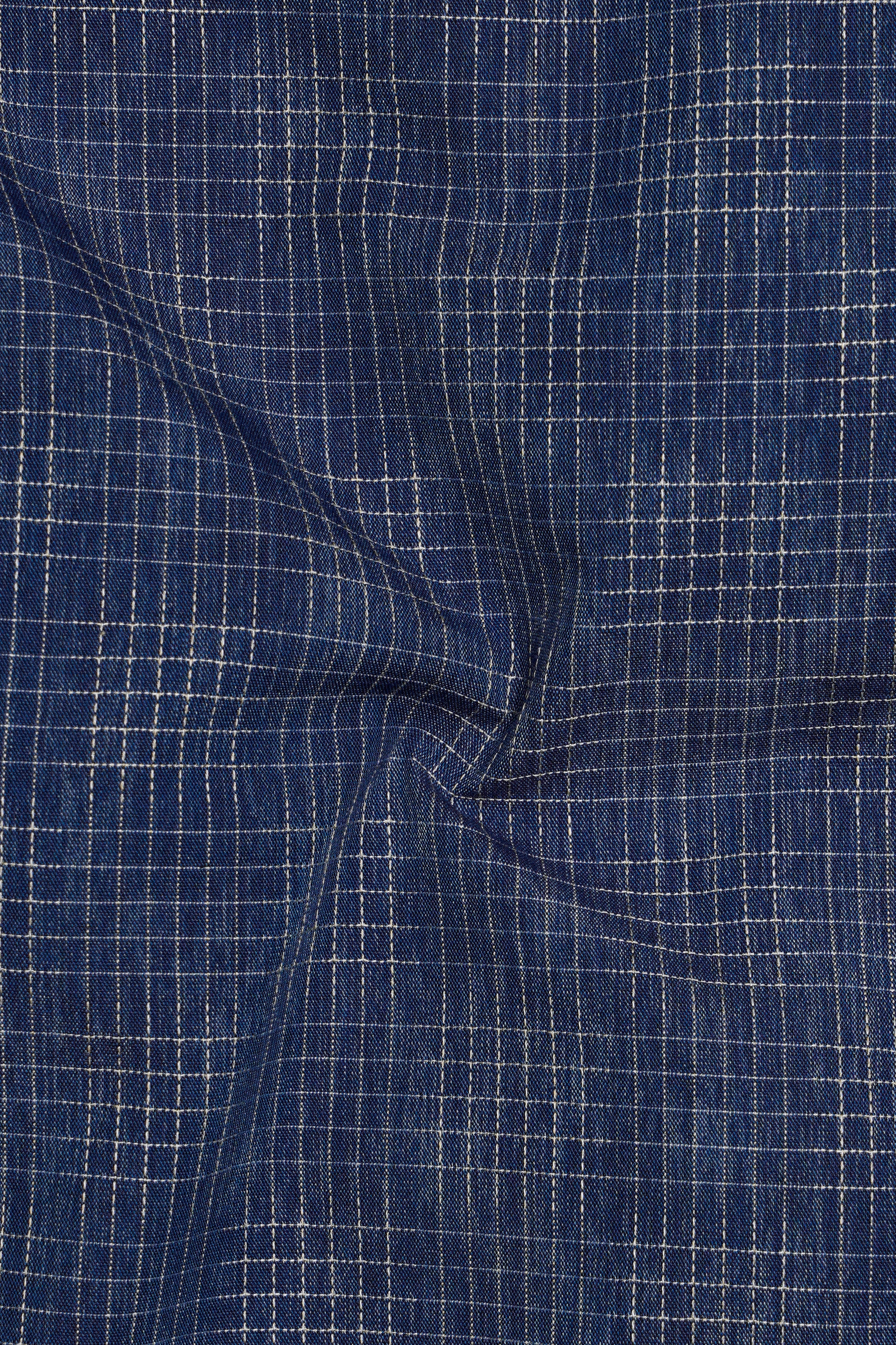 Denim Blue and Gunmetal Blue Checkered and Leaves Textured Chambray Designer Shirt