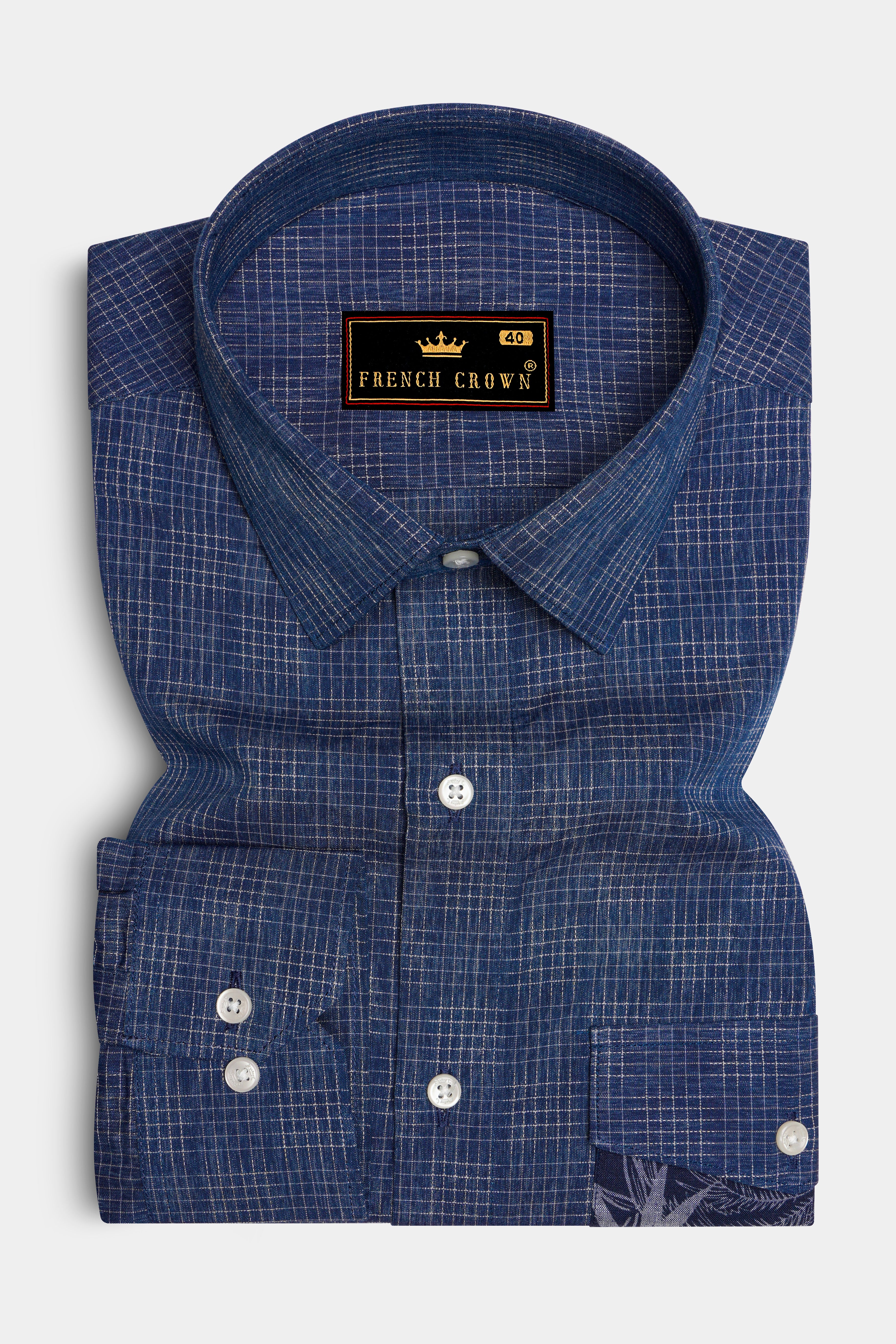Denim Blue and Gunmetal Blue Checkered and Leaves Textured Chambray Designer Shirt