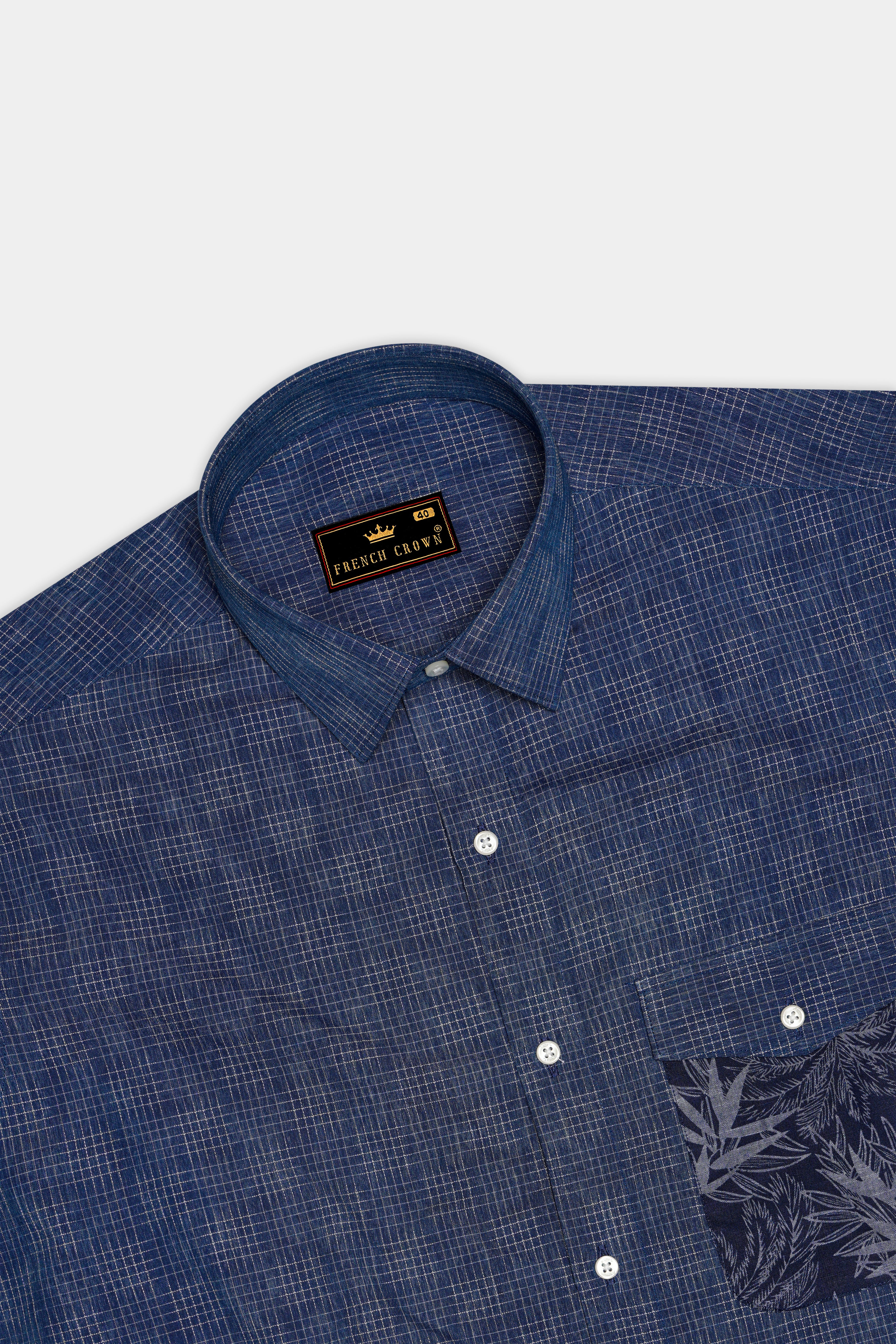 Denim Blue and Gunmetal Blue Checkered and Leaves Textured Chambray Designer Shirt