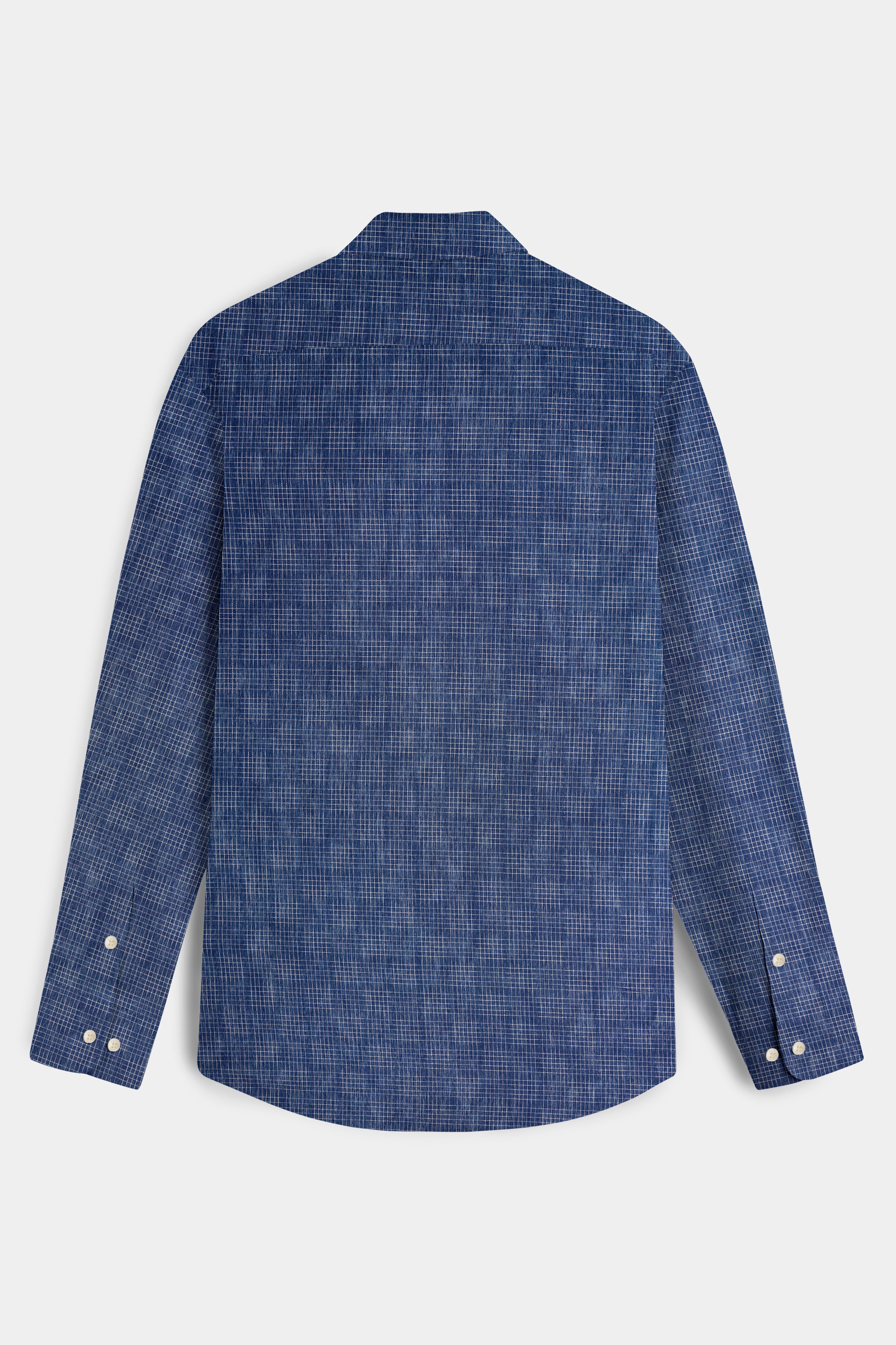 Denim Blue and Gunmetal Blue Checkered and Leaves Textured Chambray Designer Shirt
