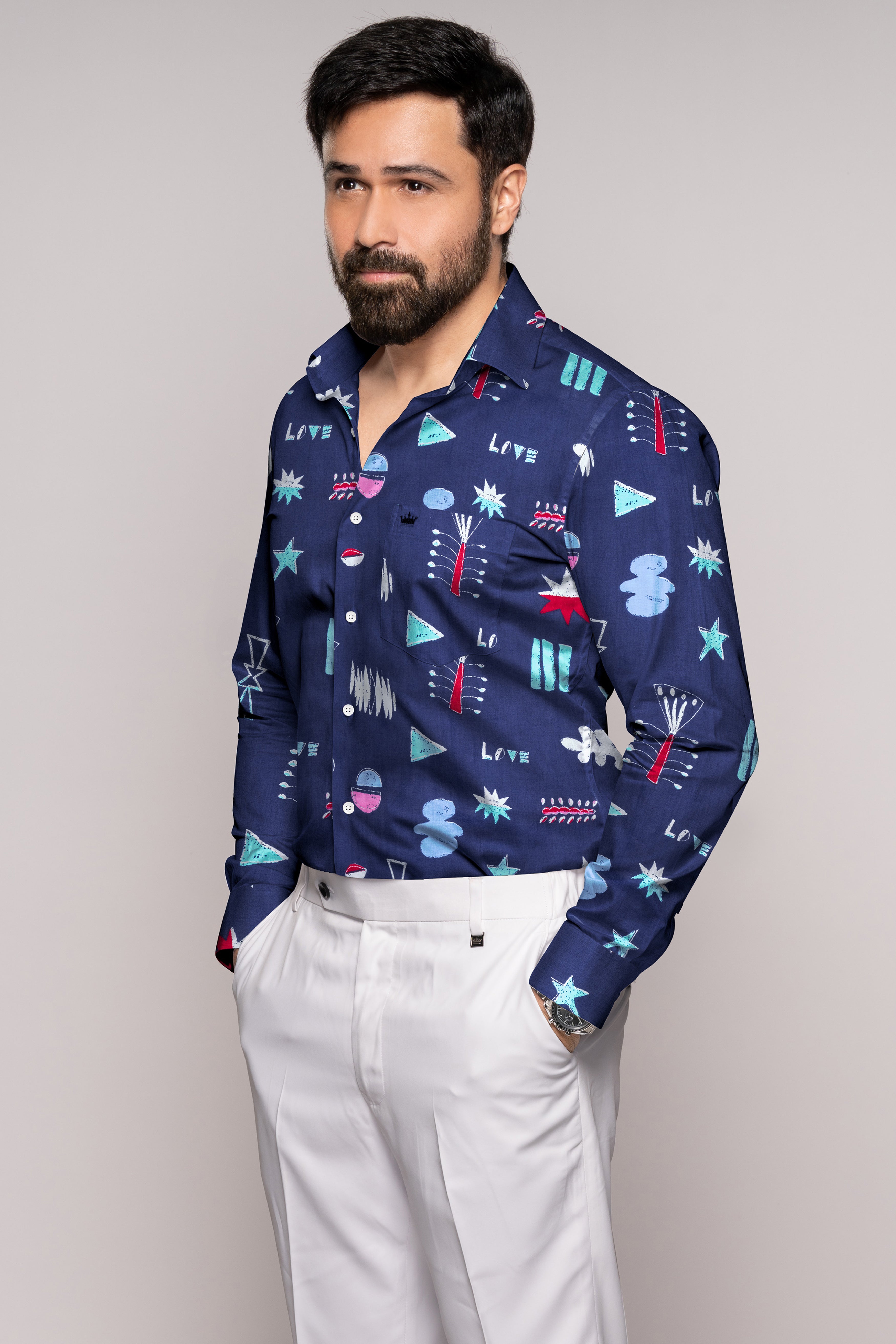 Fiord Blue with Multicolor Printed Premium Cotton Shirt