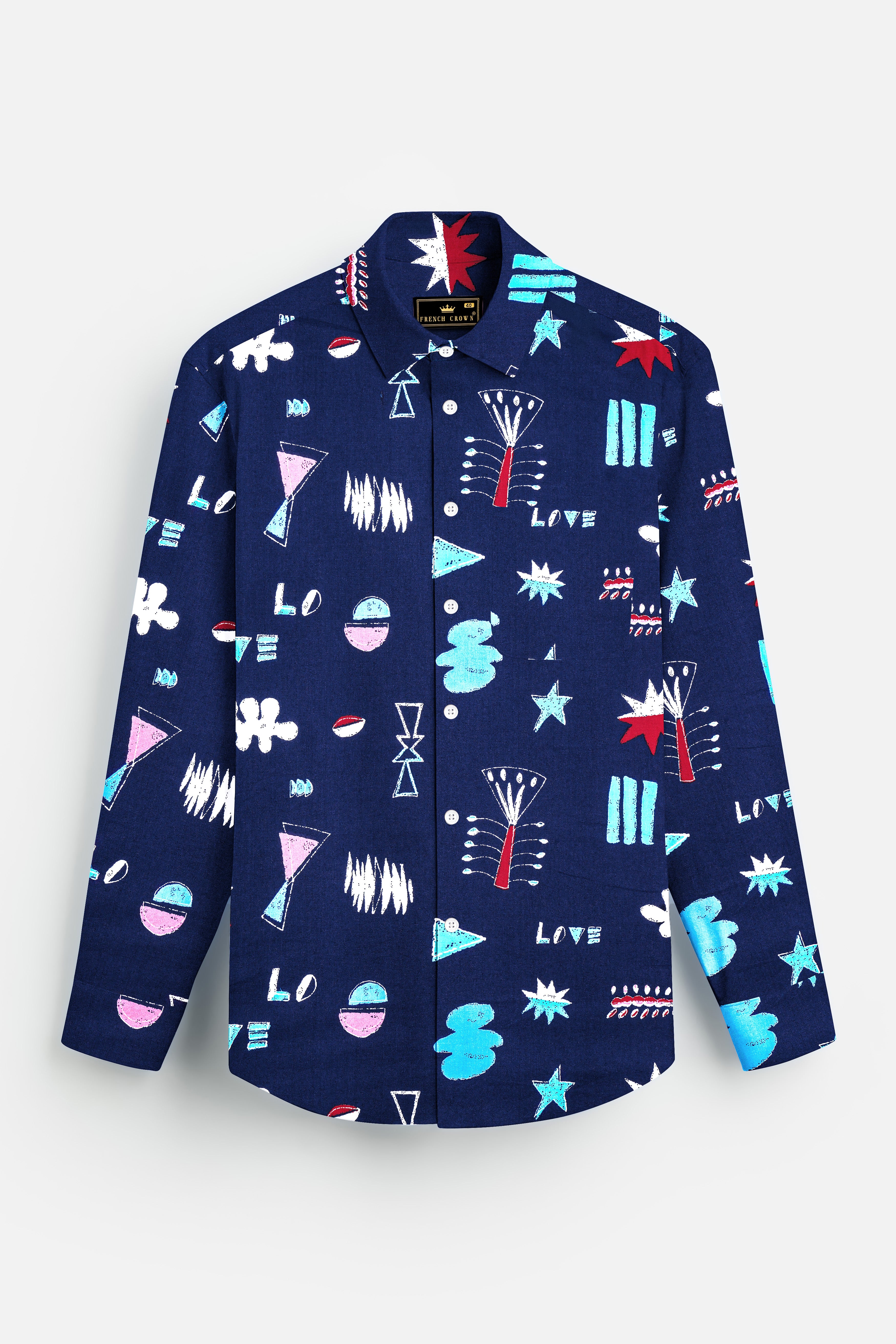 Fiord Blue with Multicolor Printed Premium Cotton Shirt