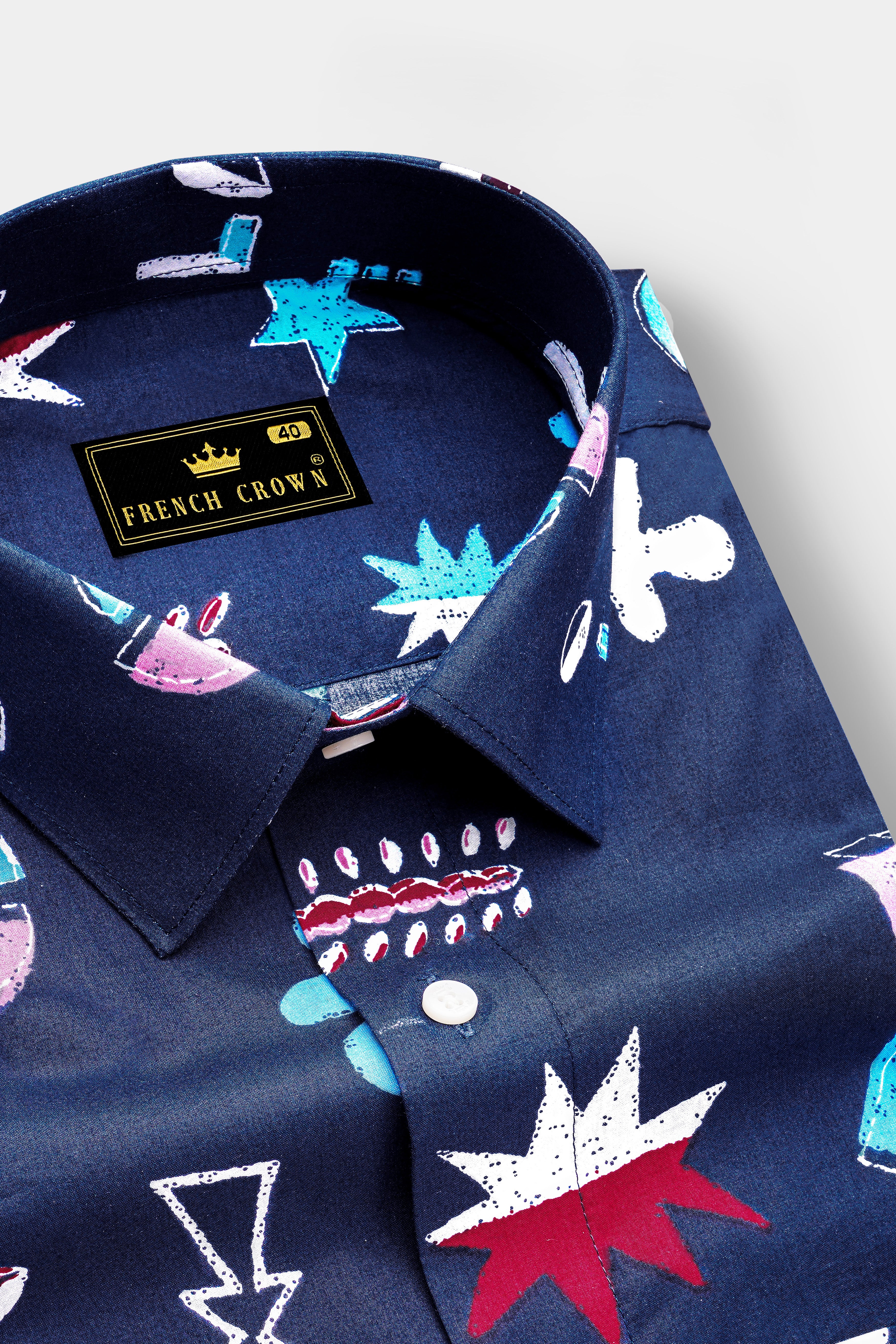 Fiord Blue with Multicolor Printed Premium Cotton Shirt