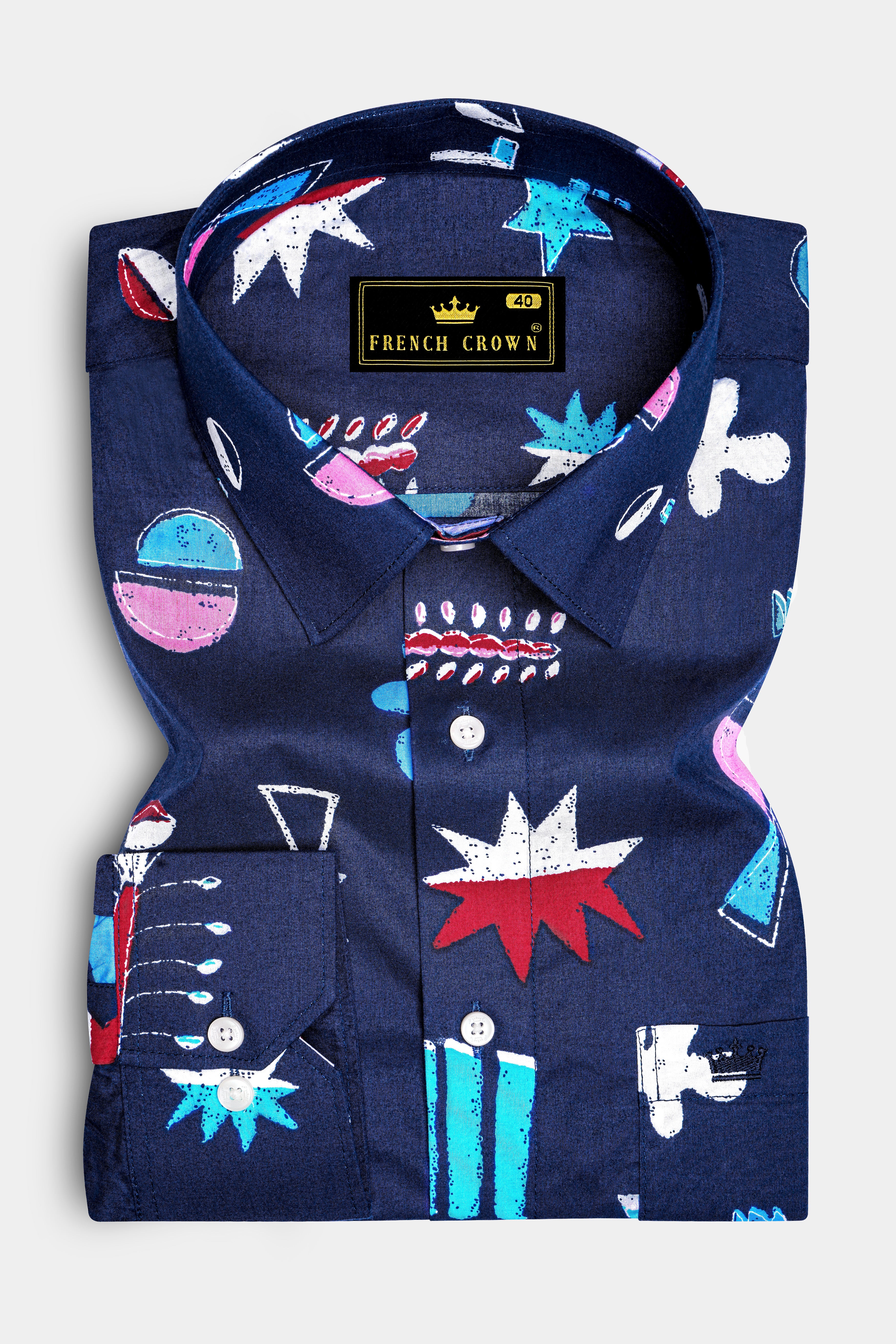 Fiord Blue with Multicolor Printed Premium Cotton Shirt
