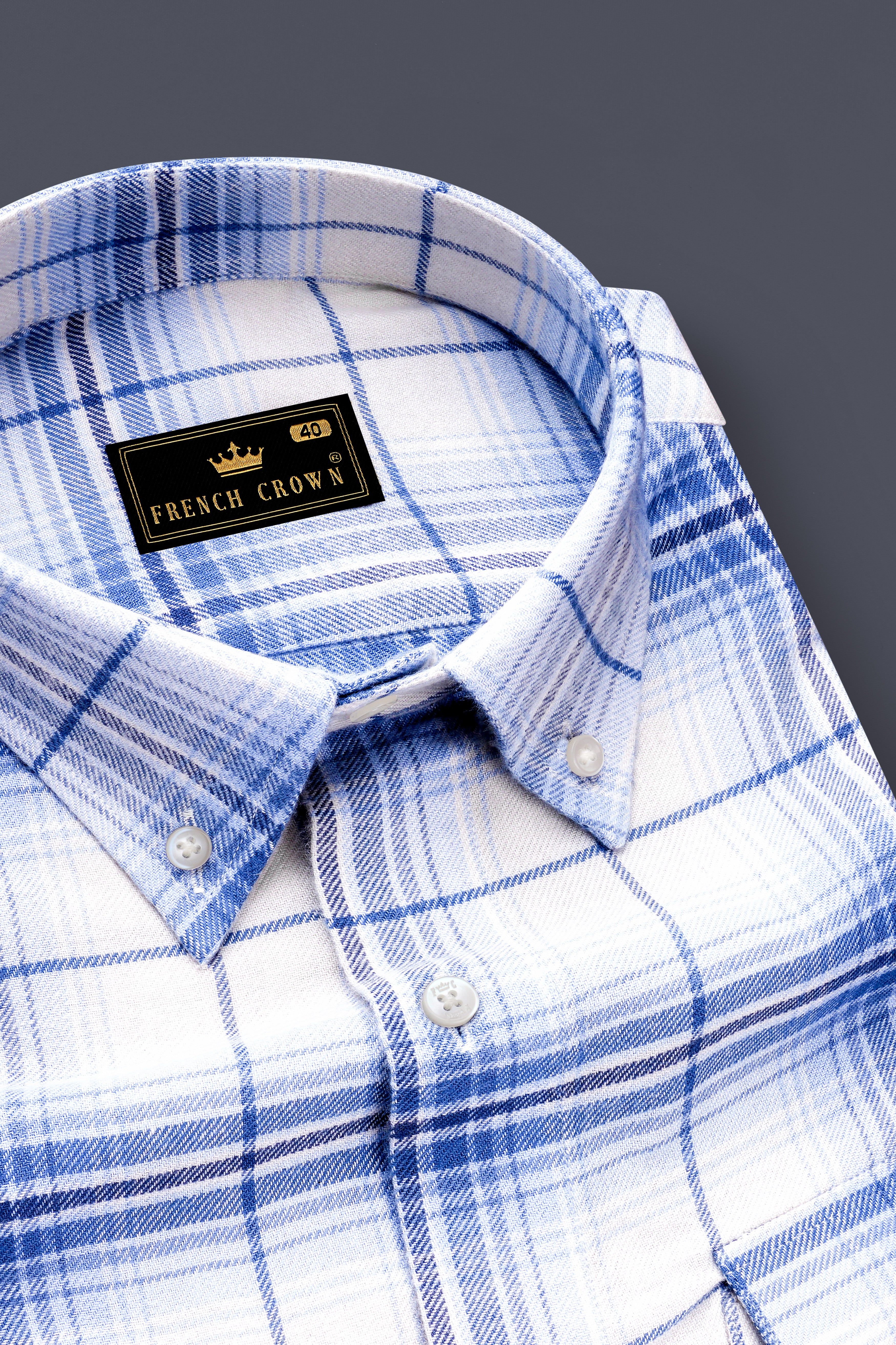Off White and Azure Blue Plaid Twill Premium Cotton Designer Shirt