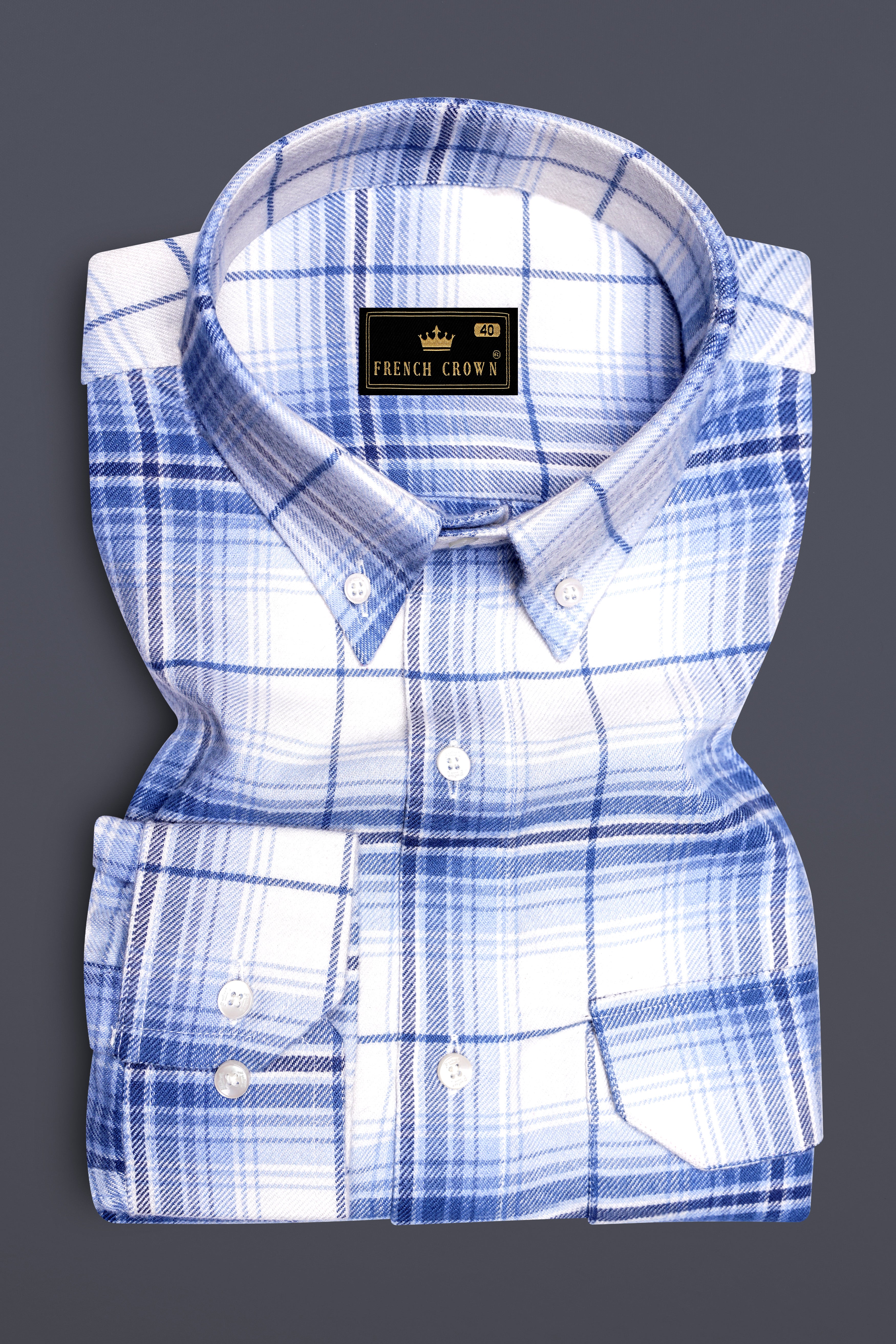 Off White and Azure Blue Plaid Twill Premium Cotton Designer Shirt