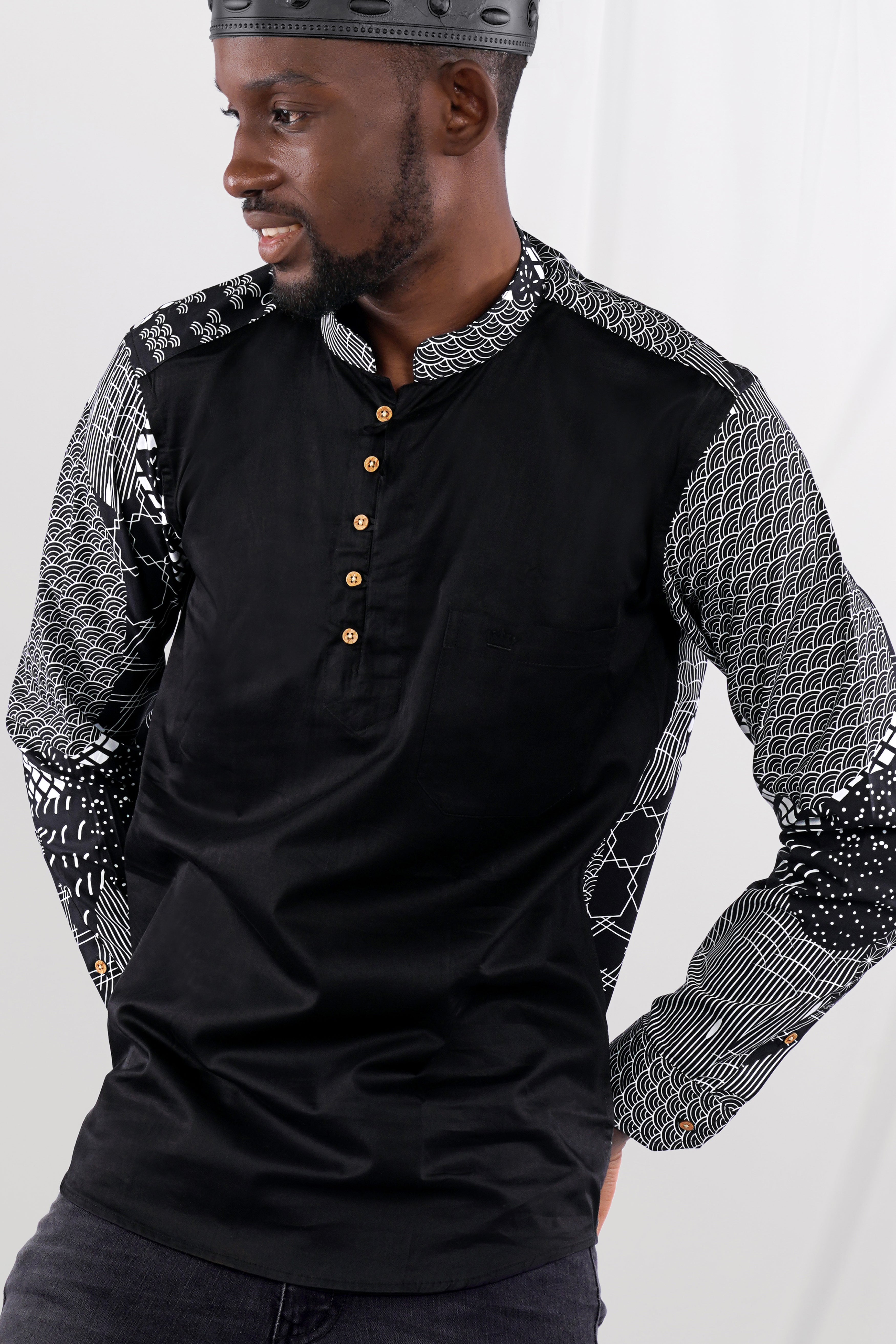 Black and White Quirky Printed Premium Cotton Designer Kurta Shirt