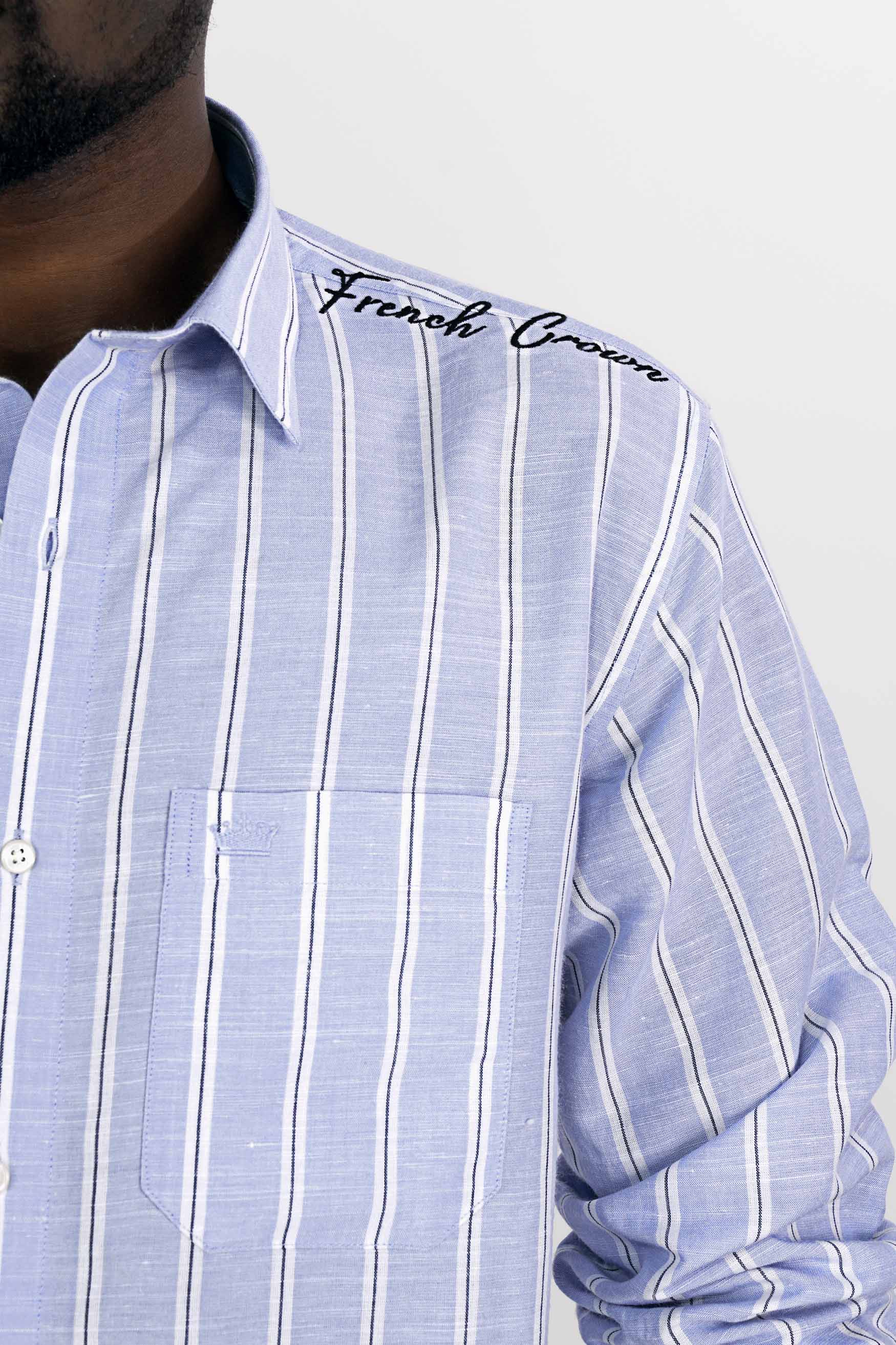 Periwinkle Blue and White Striped Embroidered Twill Premium Cotton Designer Signature Shirt 7572-E186-38, 7572-E186-H-38, 7572-E186-39, 7572-E186-H-39, 7572-E186-40, 7572-E186-H-40, 7572-E186-42, 7572-E186-H-42, 7572-E186-44, 7572-E186-H-44, 7572-E186-46, 7572-E186-H-46, 7572-E186-48, 7572-E186-H-48, 7572-E186-50, 7572-E186-H-50, 7572-E186-52, 7572-E186-H-52