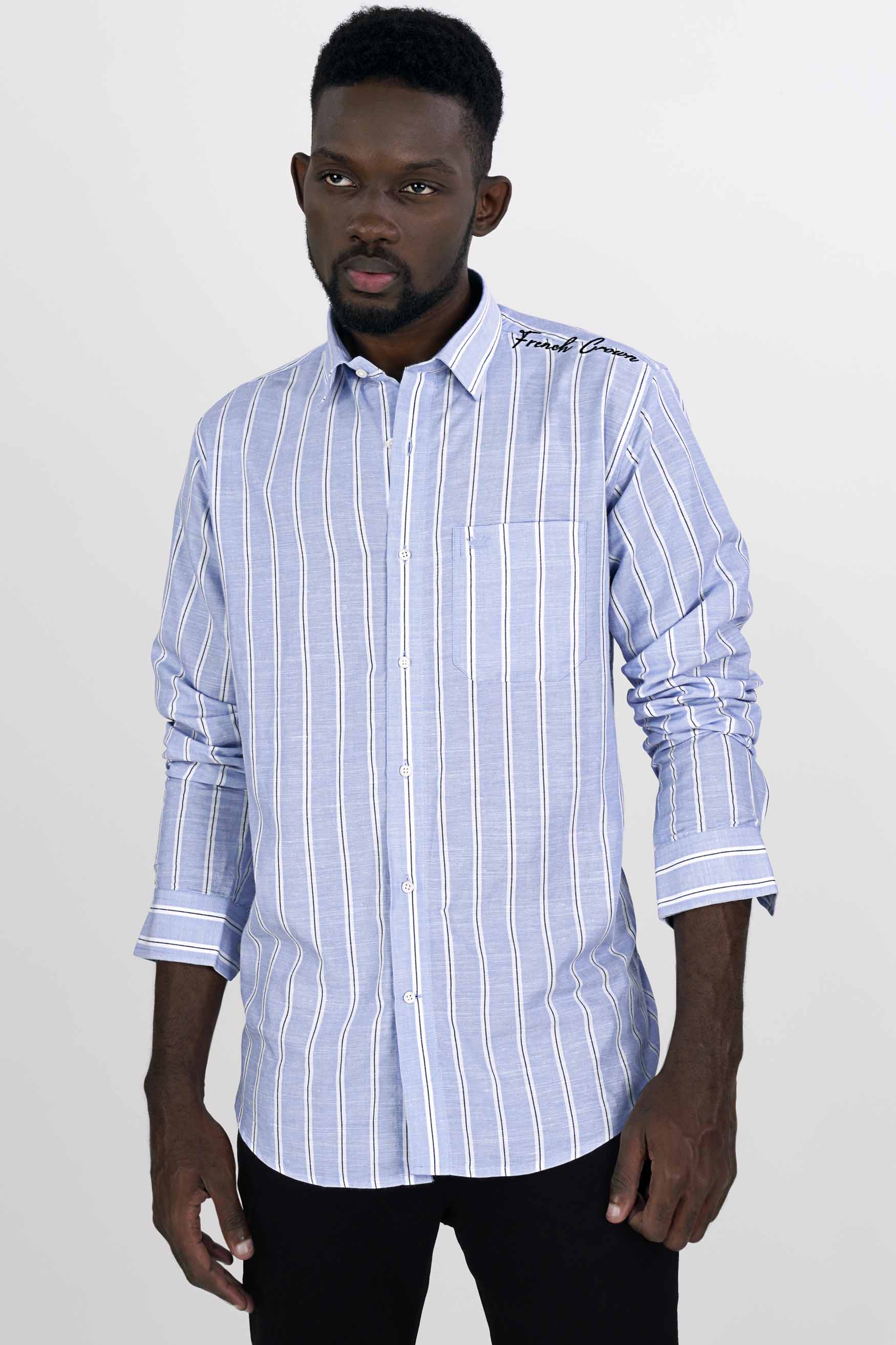 Periwinkle Blue and White Striped Embroidered Twill Premium Cotton Designer Signature Shirt 7572-E186-38, 7572-E186-H-38, 7572-E186-39, 7572-E186-H-39, 7572-E186-40, 7572-E186-H-40, 7572-E186-42, 7572-E186-H-42, 7572-E186-44, 7572-E186-H-44, 7572-E186-46, 7572-E186-H-46, 7572-E186-48, 7572-E186-H-48, 7572-E186-50, 7572-E186-H-50, 7572-E186-52, 7572-E186-H-52