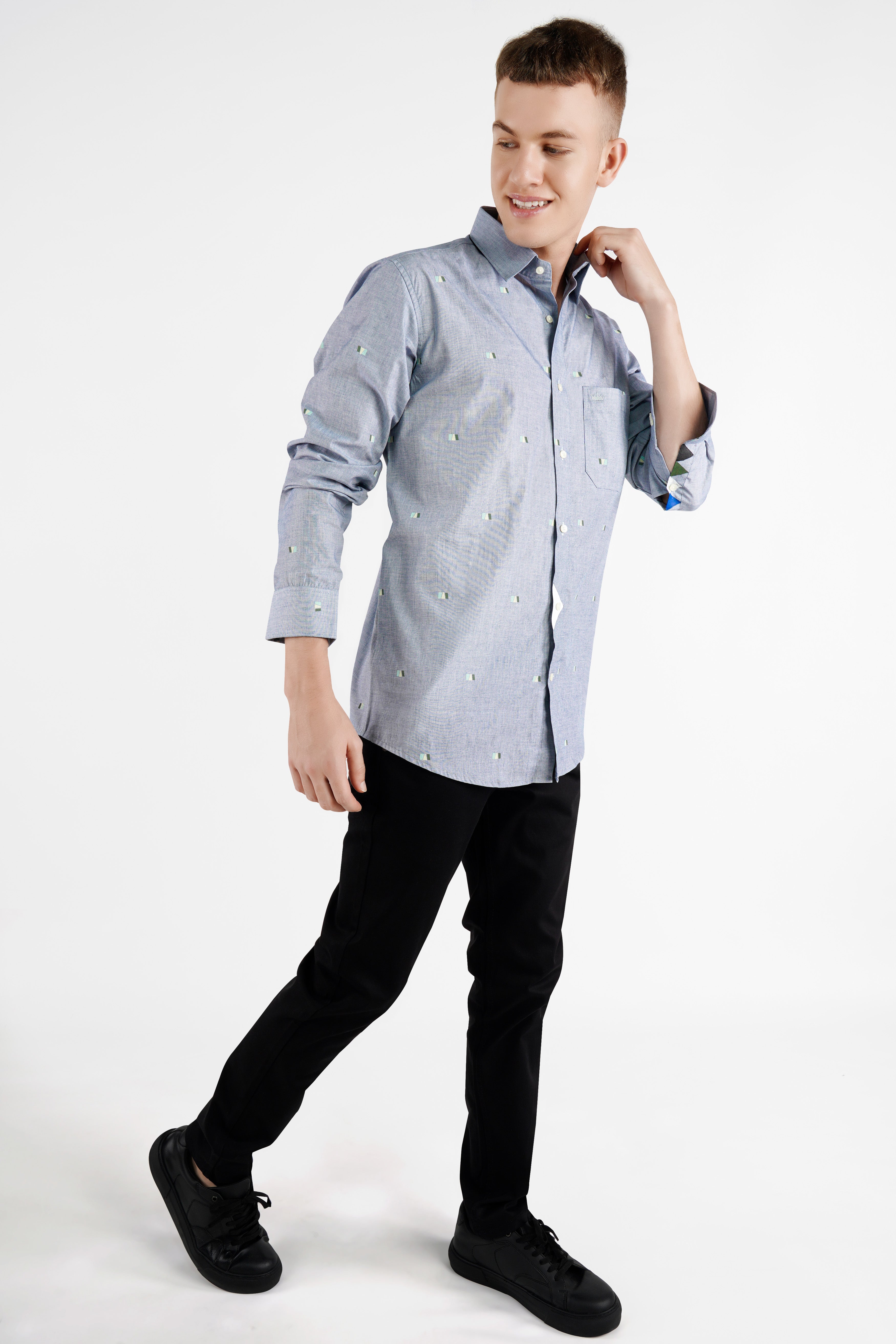 Languid Gray Hand Painted Chambray Designer Shirt