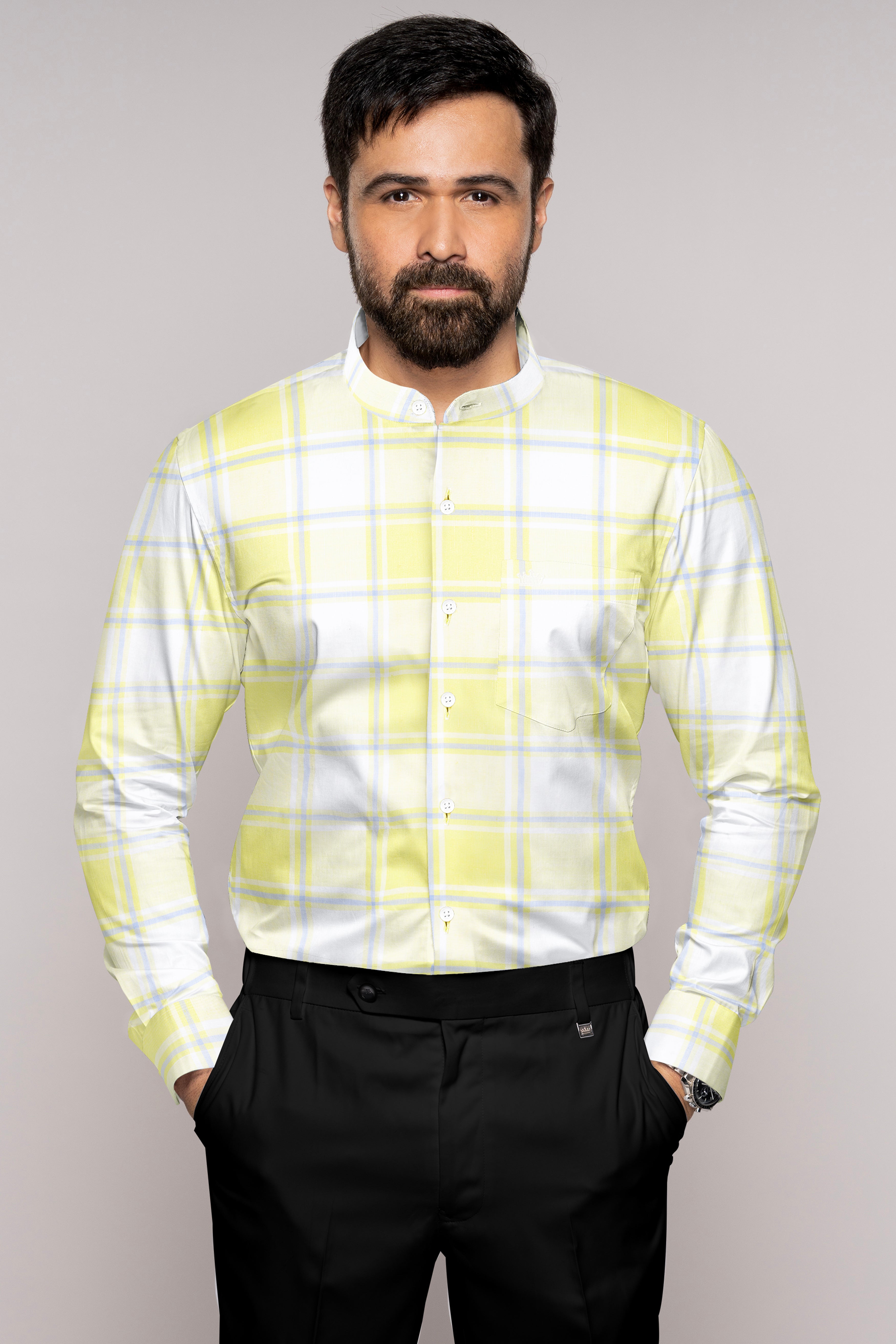 Sandwisp Yellow Plaid Premium Tencel Linen Blend Shirt