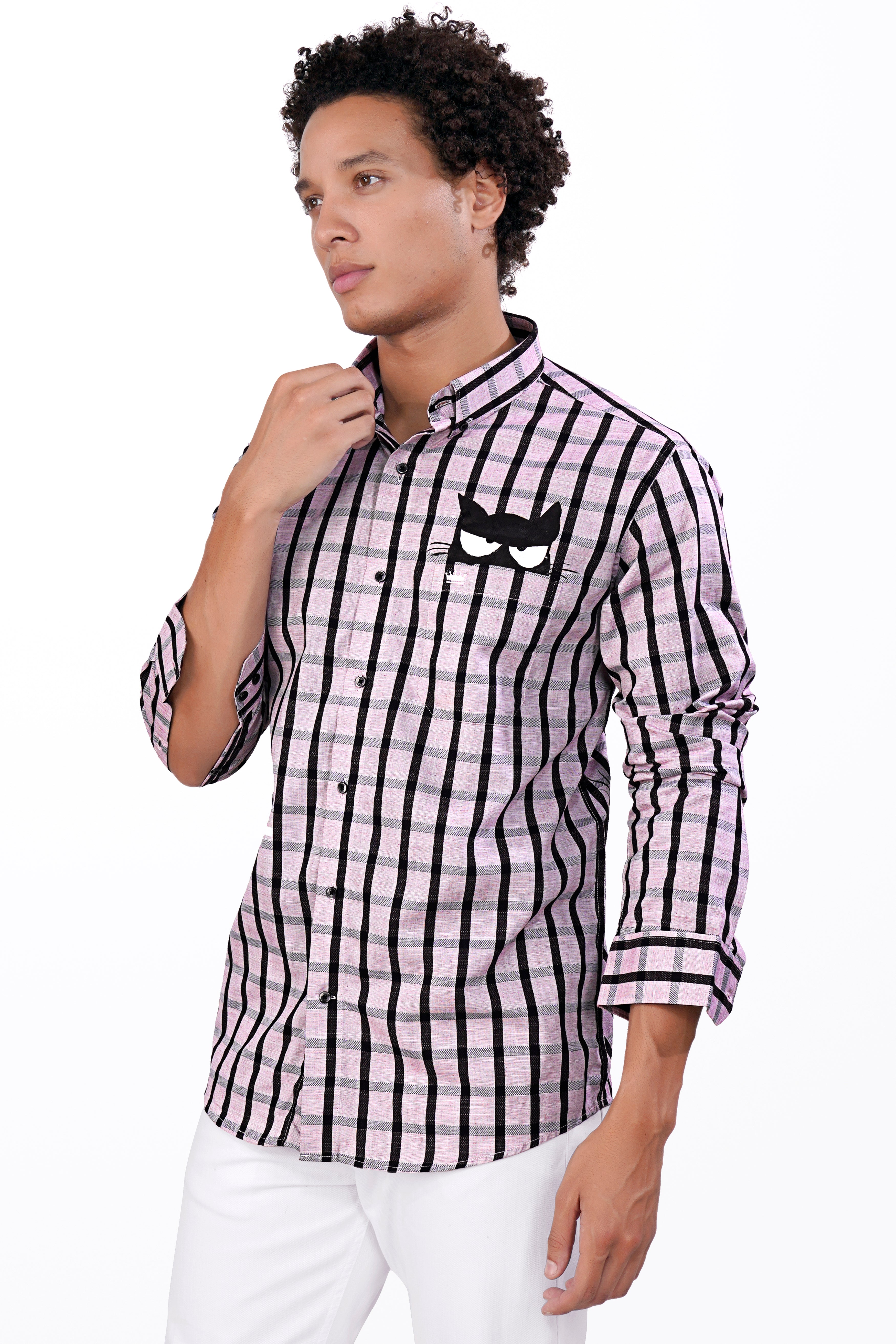 Mauve Pink with Black Striped and Cat Hand Painted Dobby Premium Giza Cotton Designer Shirt 7627-BD-BLK-ART-38, 7627-BD-BLK-ART-H-38, 7627-BD-BLK-ART-39, 7627-BD-BLK-ART-H-39, 7627-BD-BLK-ART-40, 7627-BD-BLK-ART-H-40, 7627-BD-BLK-ART-42, 7627-BD-BLK-ART-H-42, 7627-BD-BLK-ART-44, 7627-BD-BLK-ART-H-44, 7627-BD-BLK-ART-46, 7627-BD-BLK-ART-H-46, 7627-BD-BLK-ART-48, 7627-BD-BLK-ART-H-48, 7627-BD-BLK-ART-50, 7627-BD-BLK-ART-H-50, 7627-BD-BLK-ART-52, 7627-BD-BLK-ART-H-52