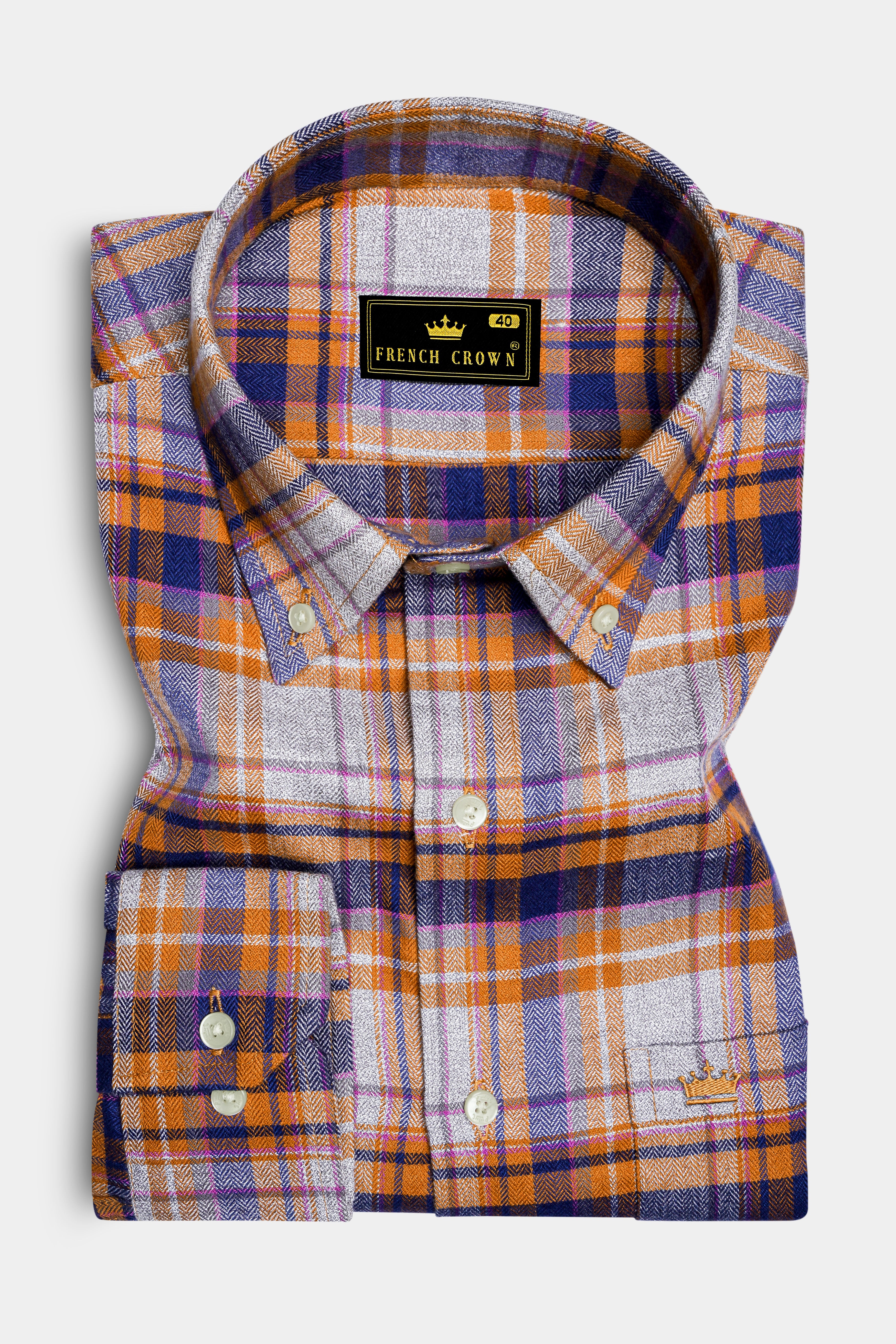 Wisteria Gray with Raw Sienna Plaid Herringbone Shirt