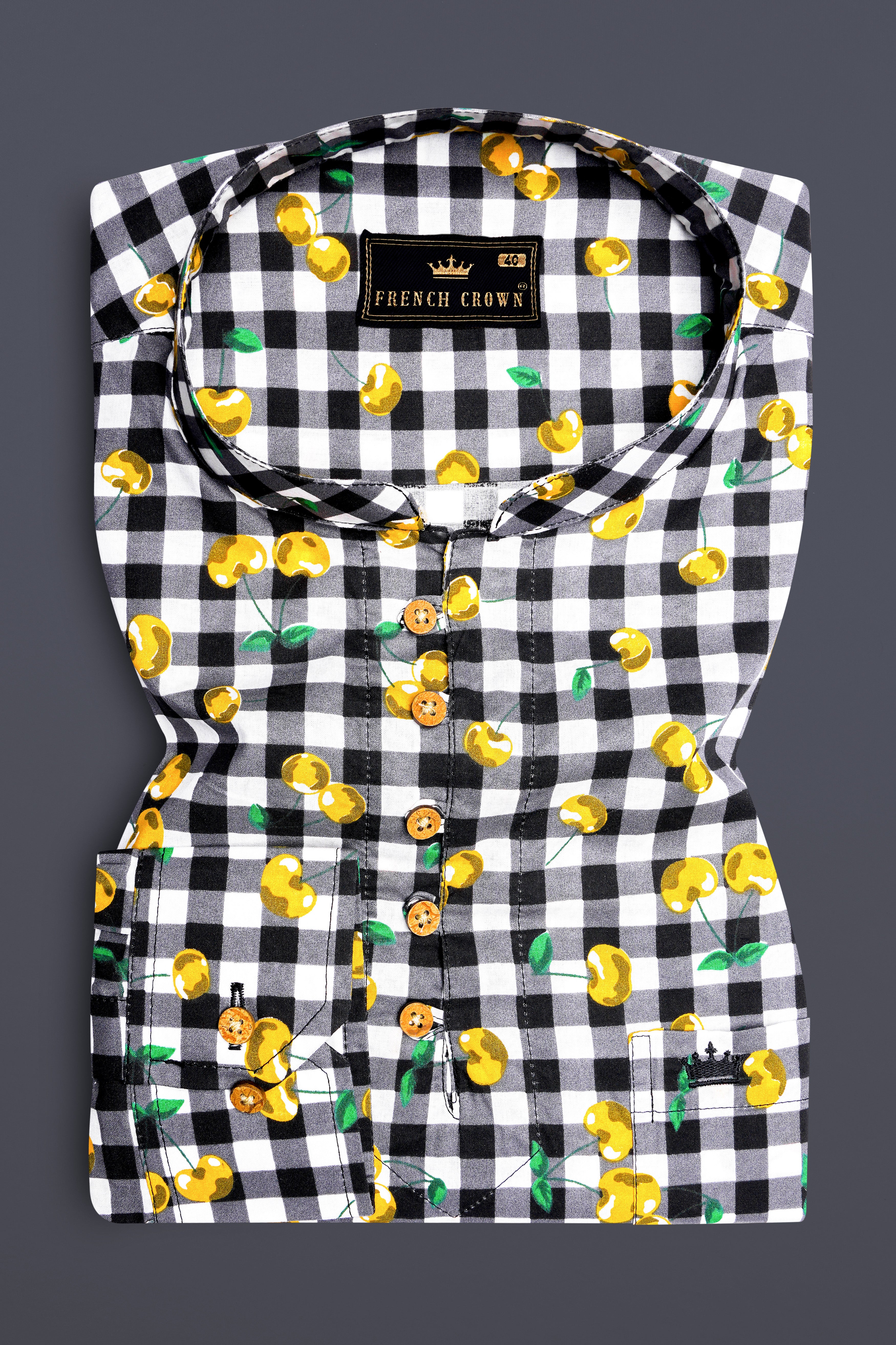 Jade Black and White Checked with yellow Cherries Printed Premium Cotton Shirt