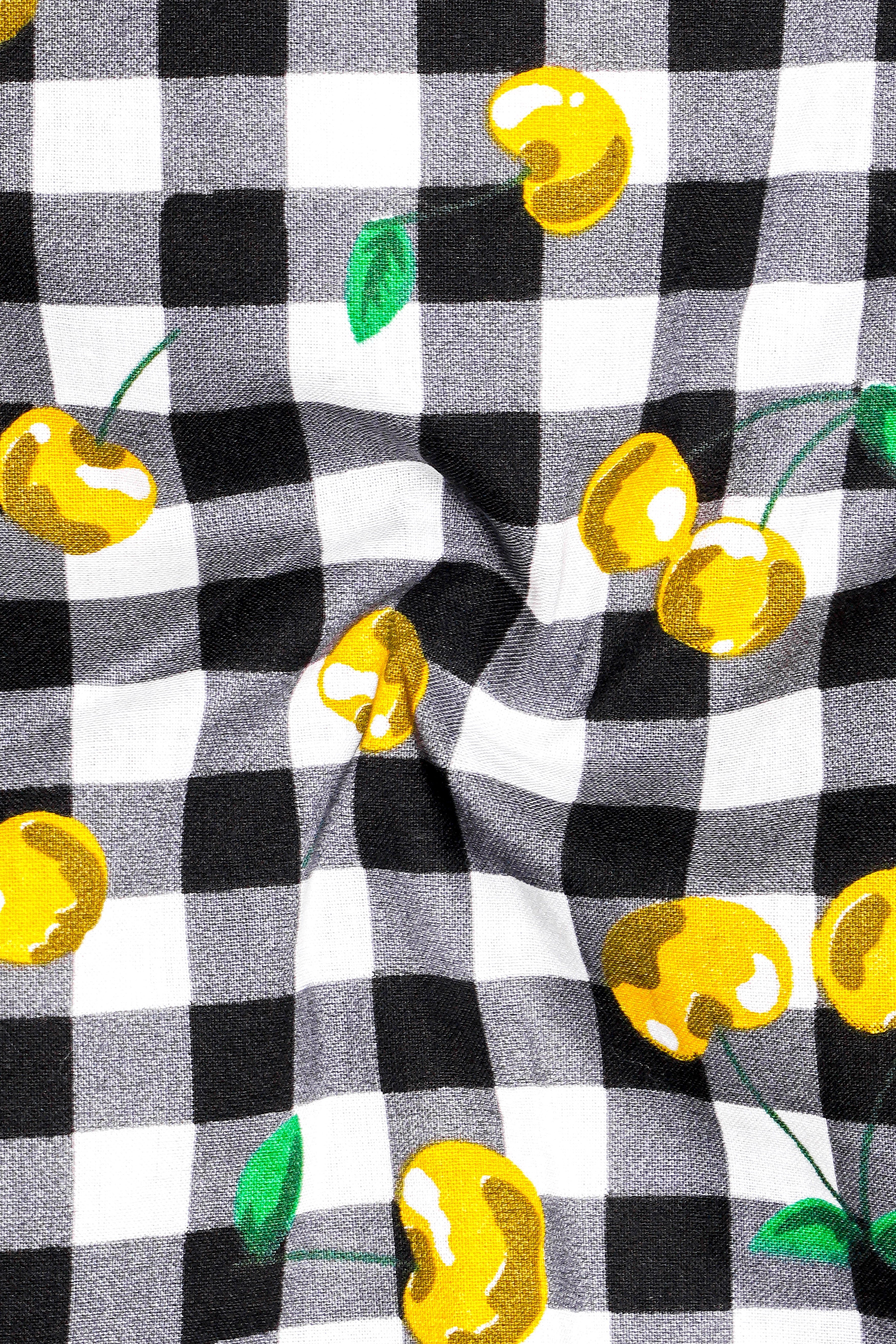 Jade Black and White Checked with yellow Cherries Printed Premium Cotton Shirt
