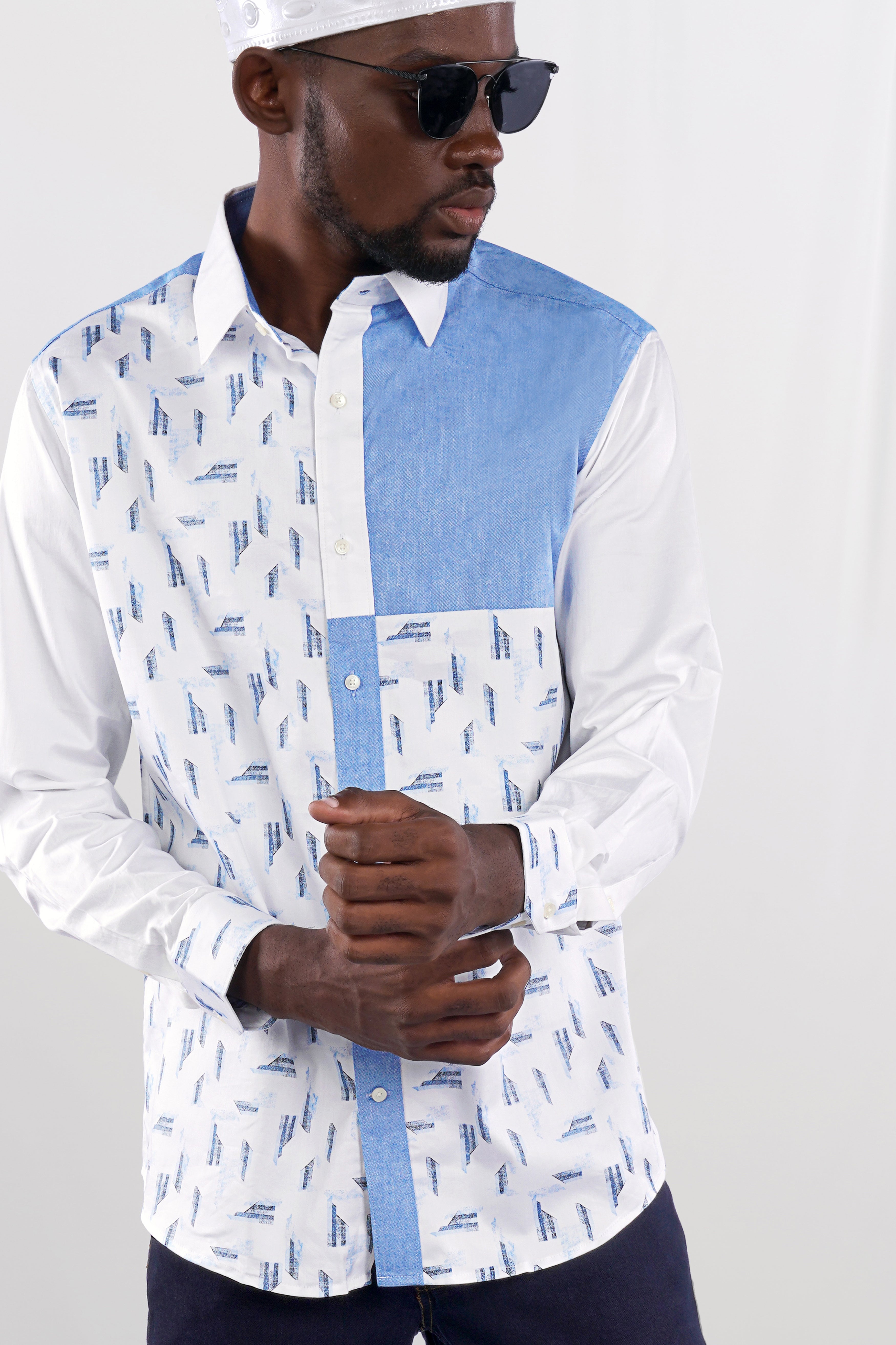 Bright White and Jordy Blue Printed Super Soft Premium Cotton Designer Shirt
