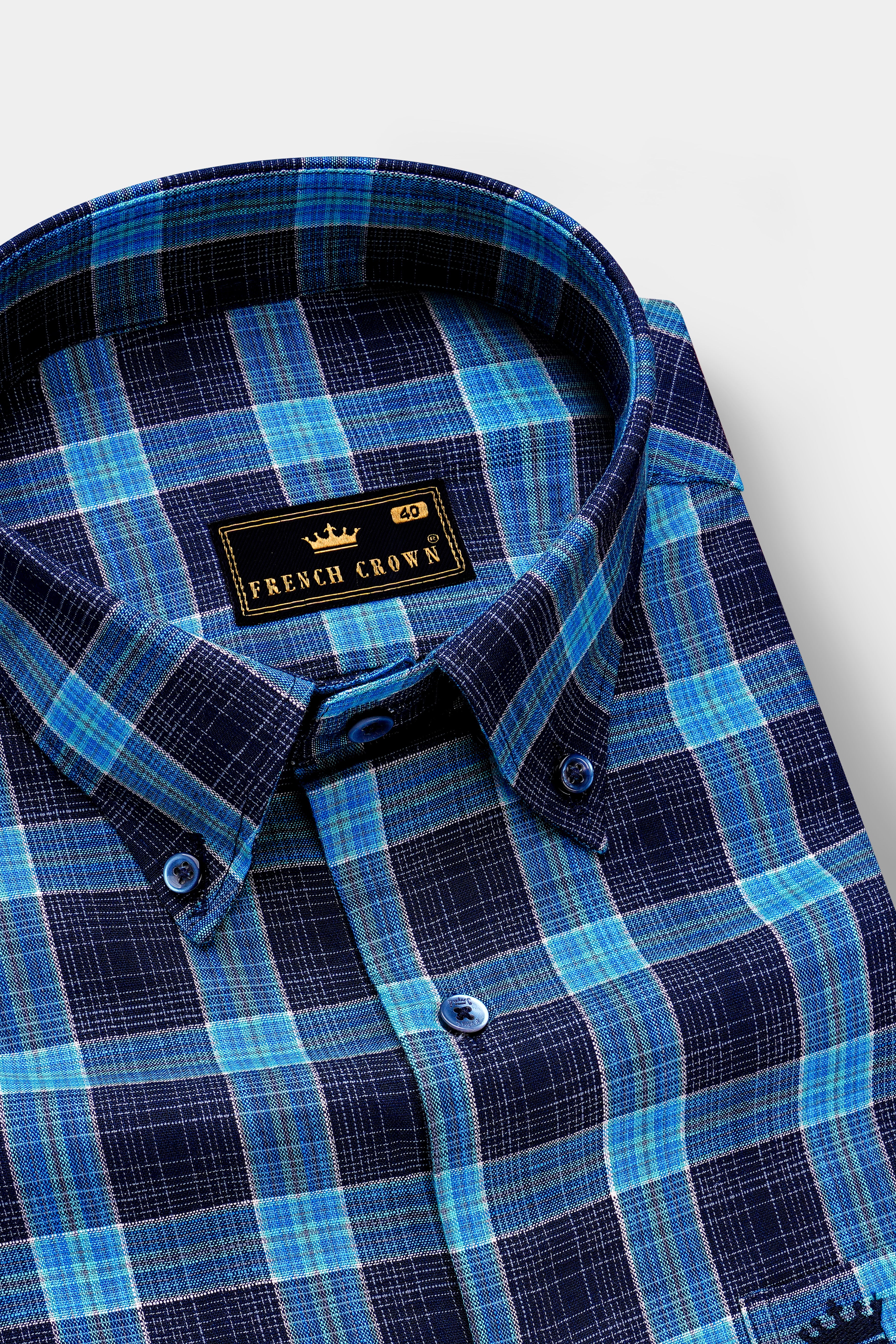 Mirage Navy Blue and Pacific Blue Plaid Dobby Textured Premium Giza Cotton Shirt