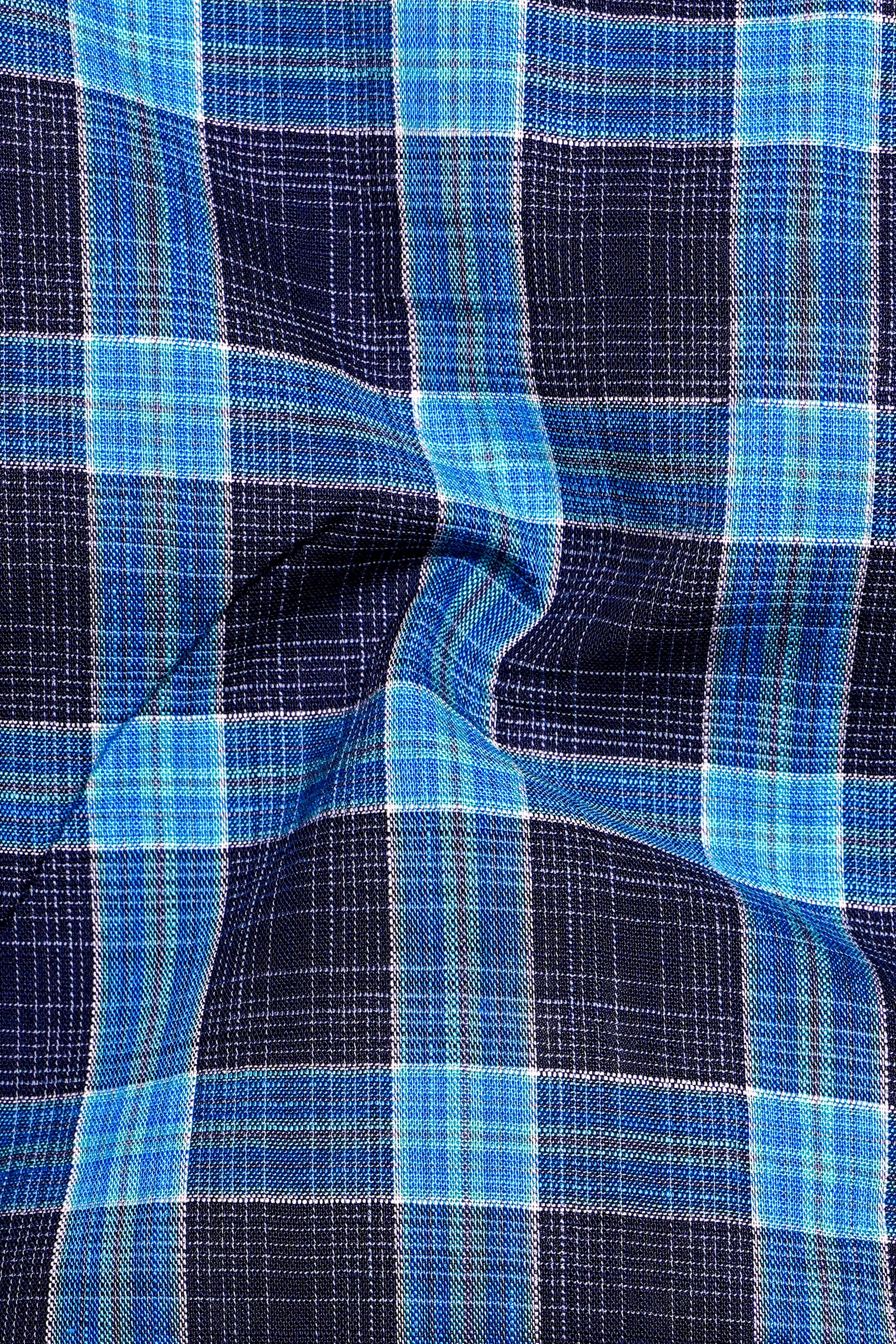 Mirage Navy Blue and Pacific Blue Plaid Dobby Textured Premium Giza Cotton Shirt