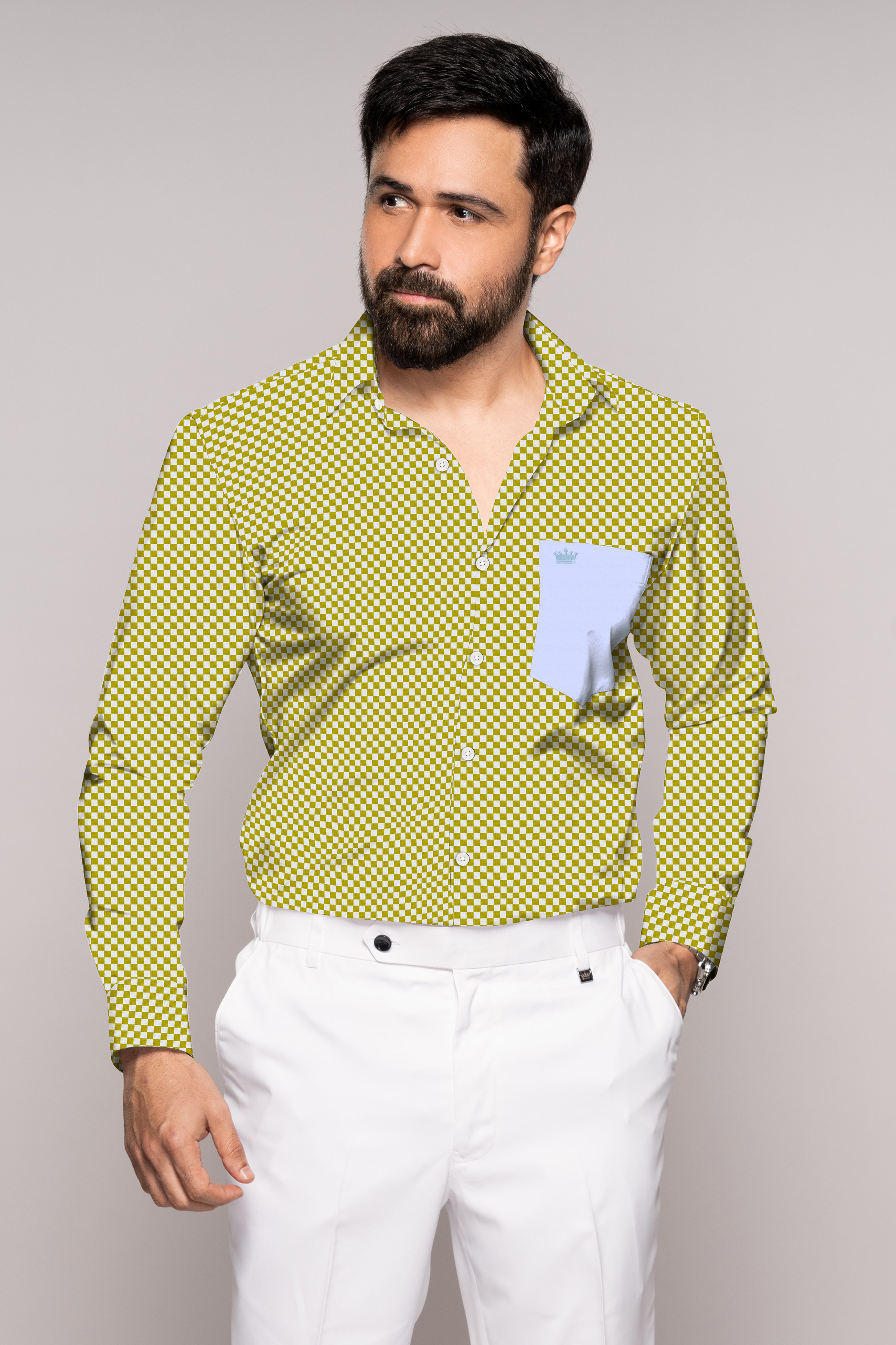 Alpine Olive Green and Bright White Checked Premium Cotton Designer Shirt