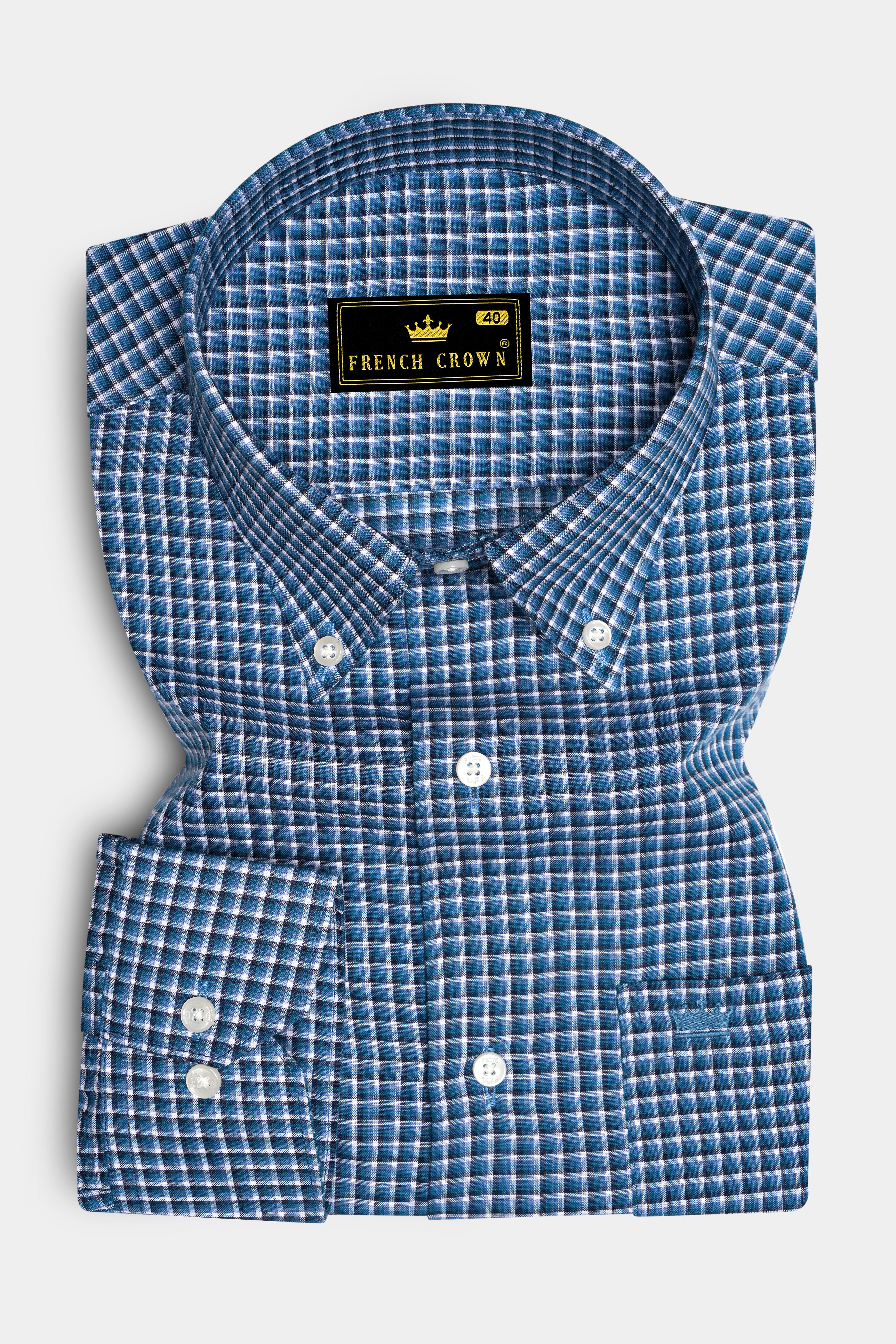 Jelly Bean Blue With Bright White Checkered Twill Premium Cotton Shirt