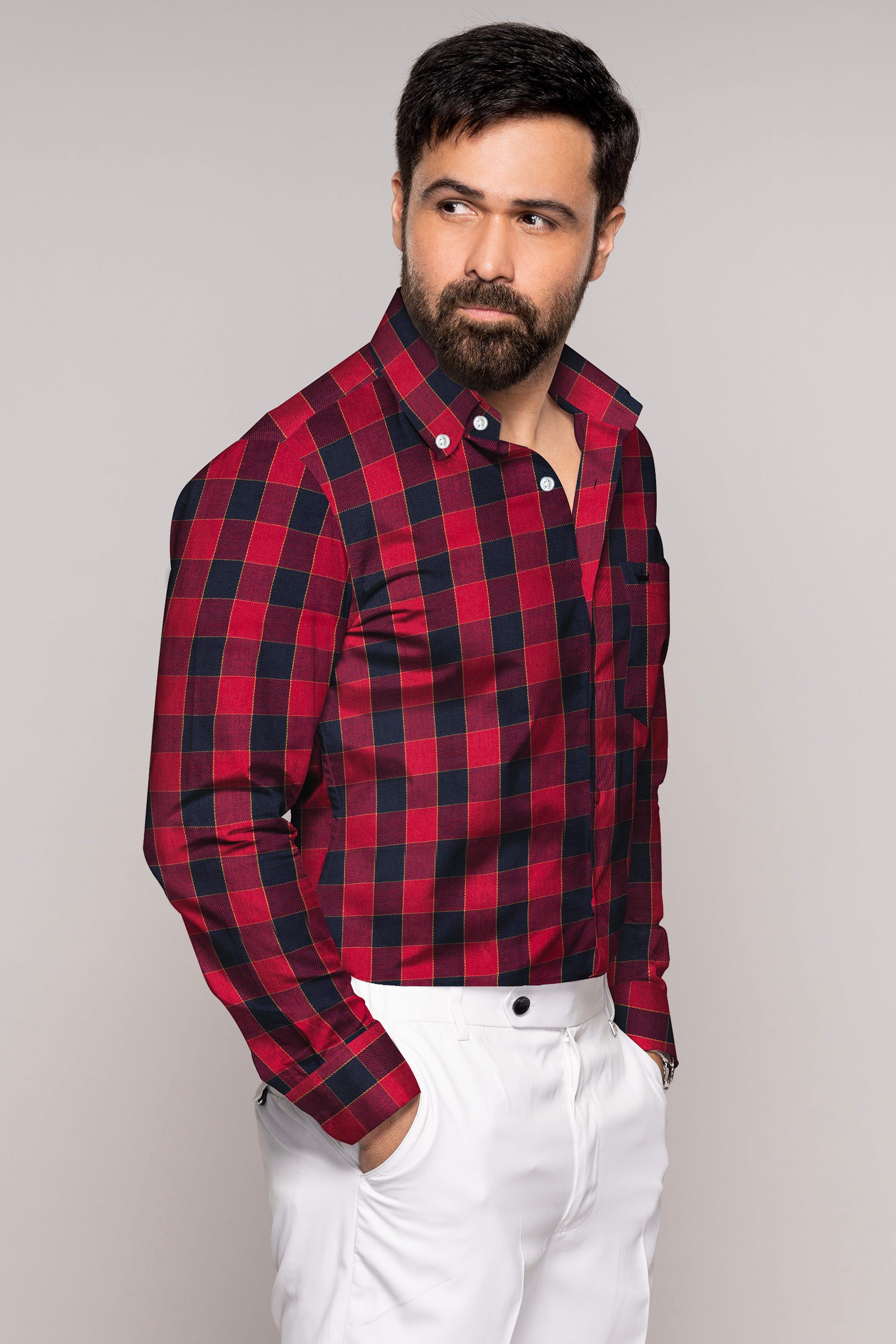 Shiraz Red with Topaz Navy Blue Plaid Twill Premium Cotton Shirt
