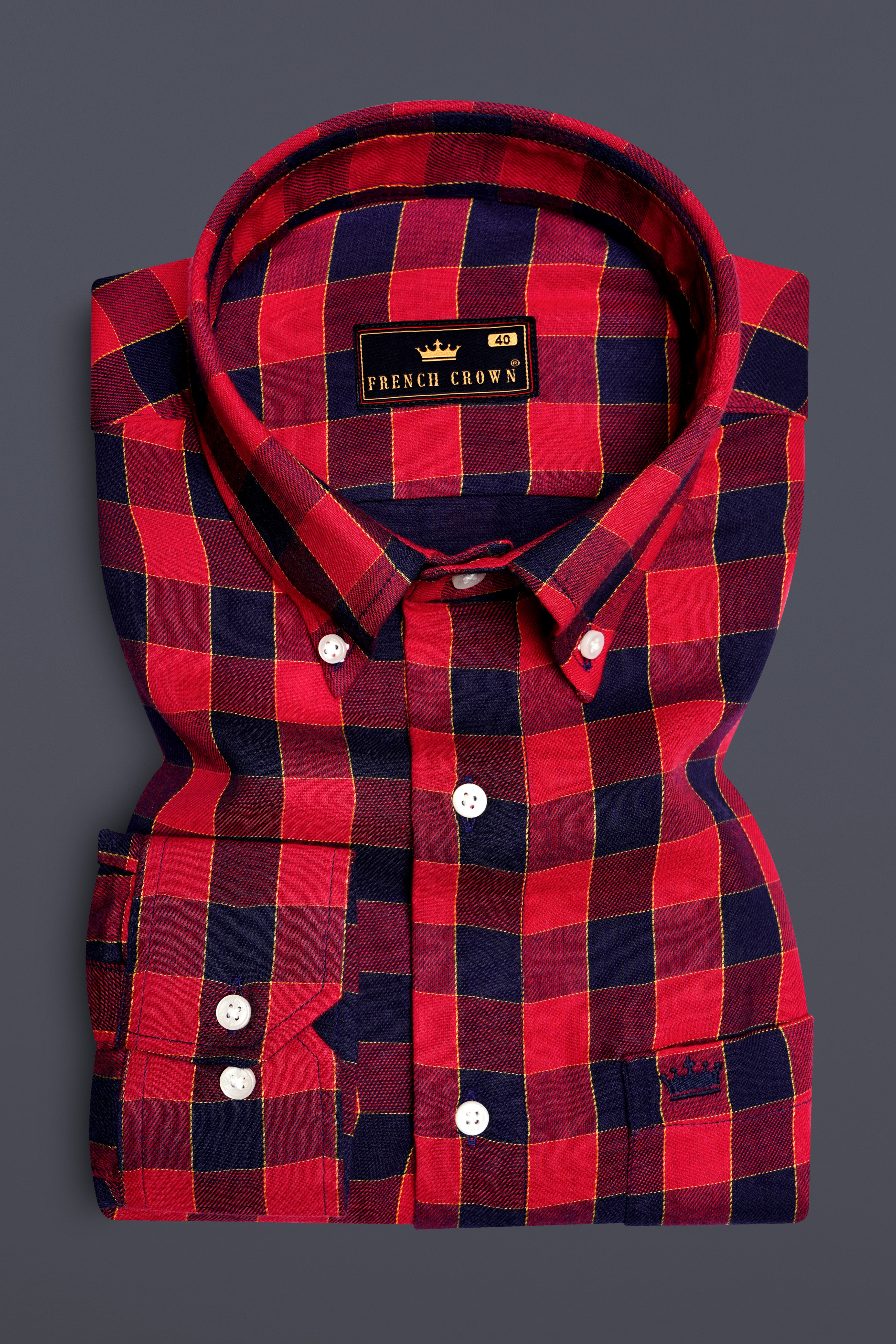 Shiraz Red with Topaz Navy Blue Plaid Twill Premium Cotton Shirt