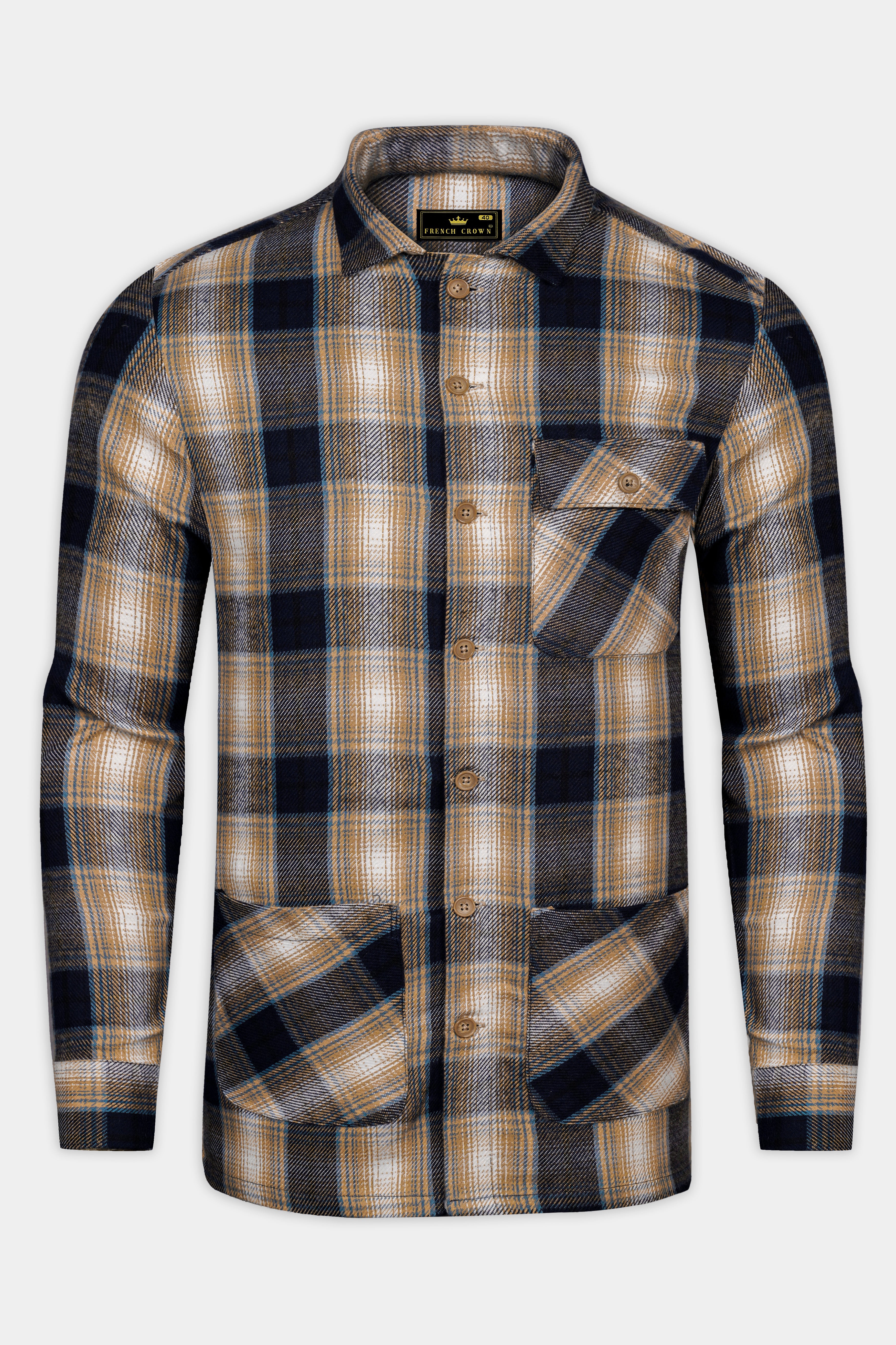 Ebony Clay Navy Blue and Sandrift Brown Plaid Flannel Designer Overhirt/Shacket
