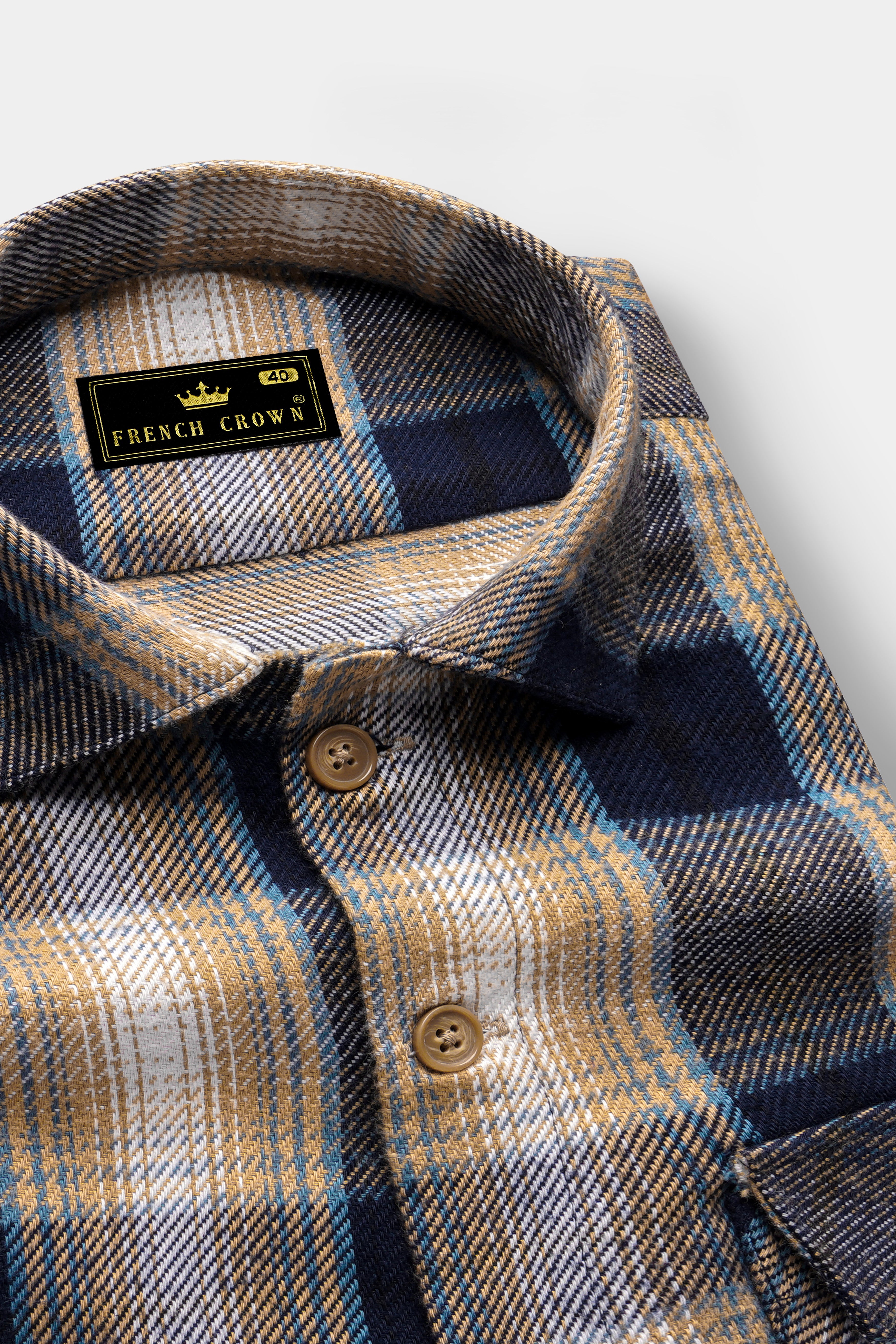 Ebony Clay Navy Blue and Sandrift Brown Plaid Flannel Designer Overhirt/Shacket