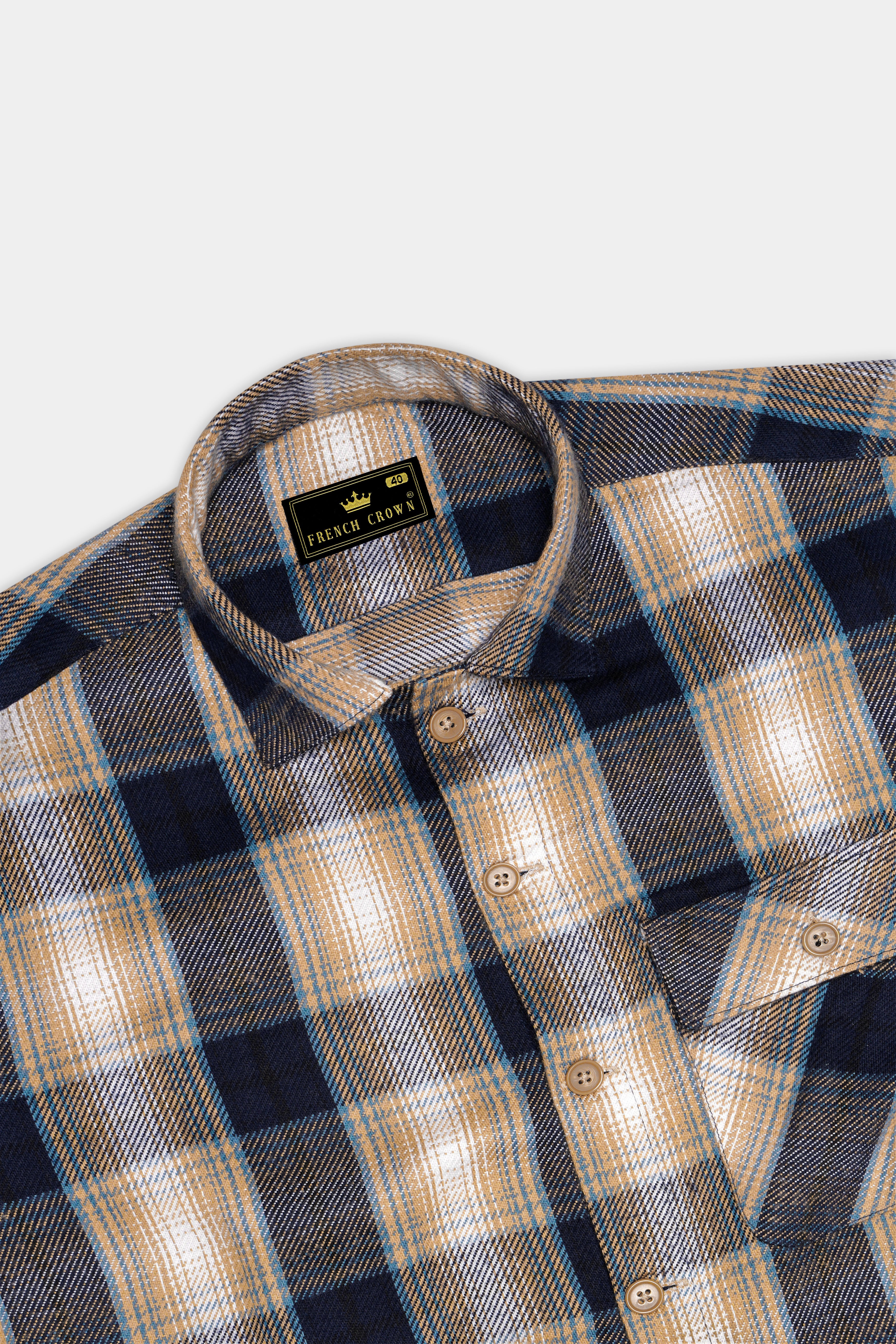 Ebony Clay Navy Blue and Sandrift Brown Plaid Flannel Designer Overhirt/Shacket
