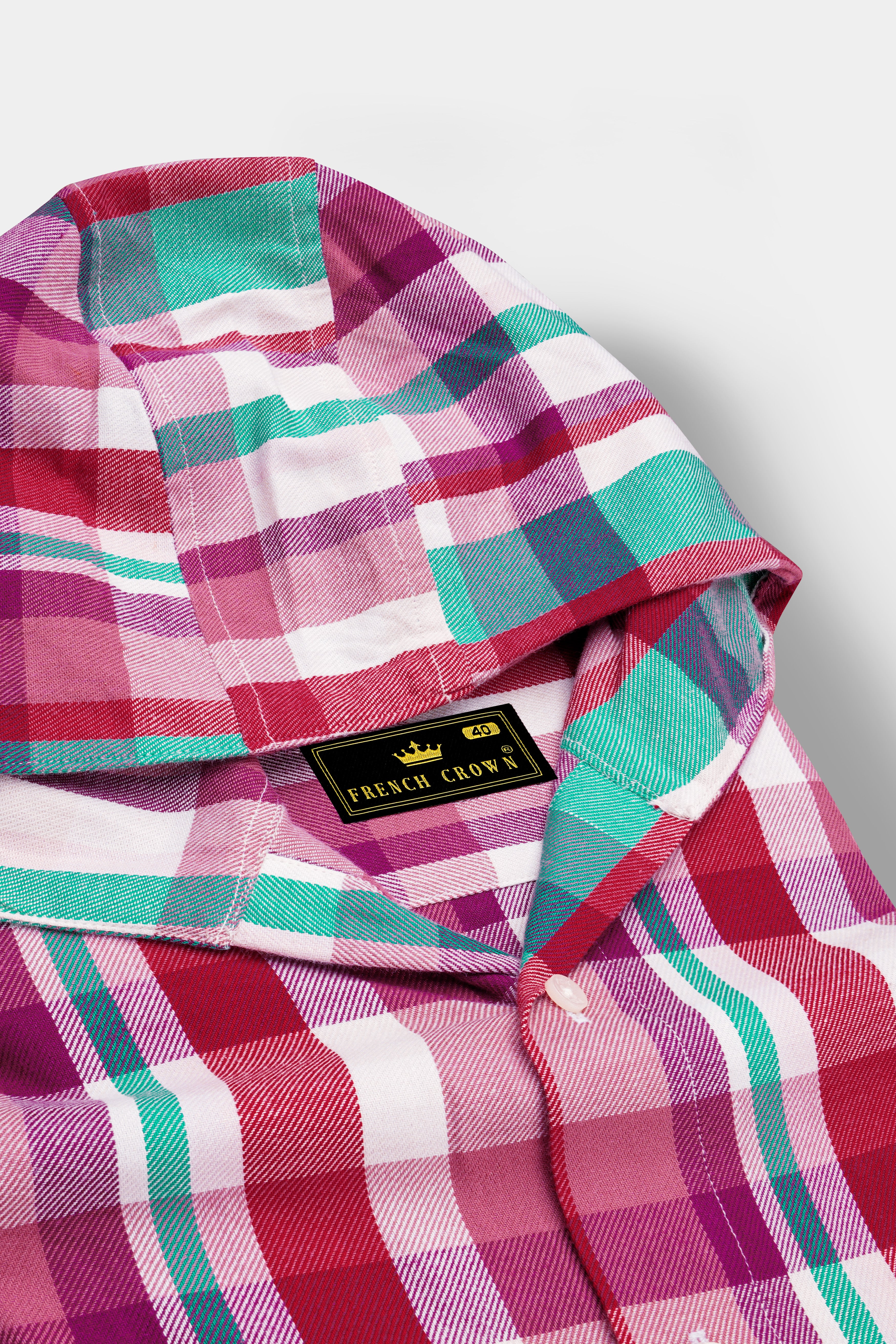Bright White and Jasper Pink Plaid Twill Premium Cotton Hoodie Shirt