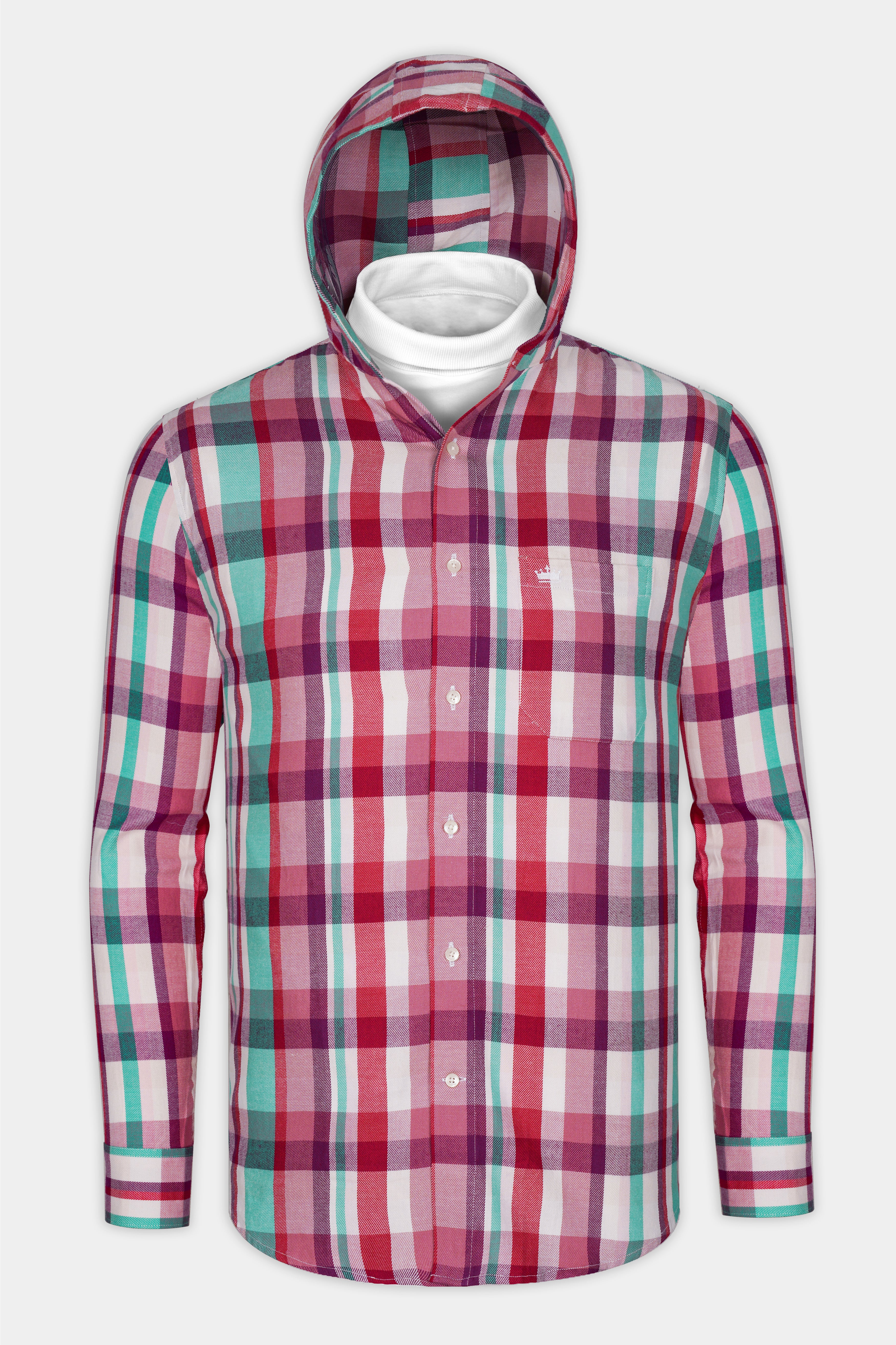 Bright White and Jasper Pink Plaid Twill Premium Cotton Hoodie Shirt
