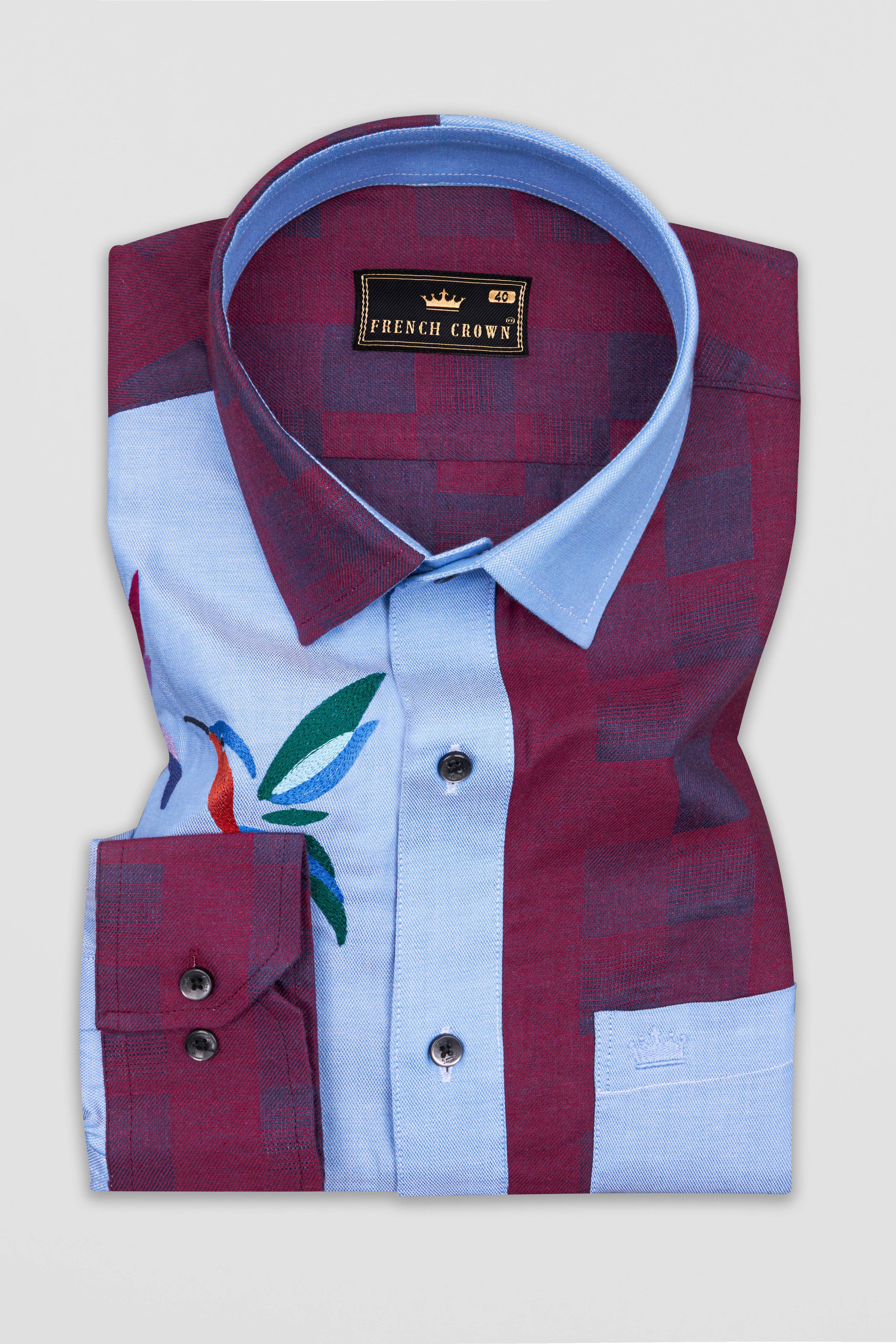 Casper Blue And Eclipse Wine Bird Embroidered Jacquard Textured Premium Cotton Designer Shirt.