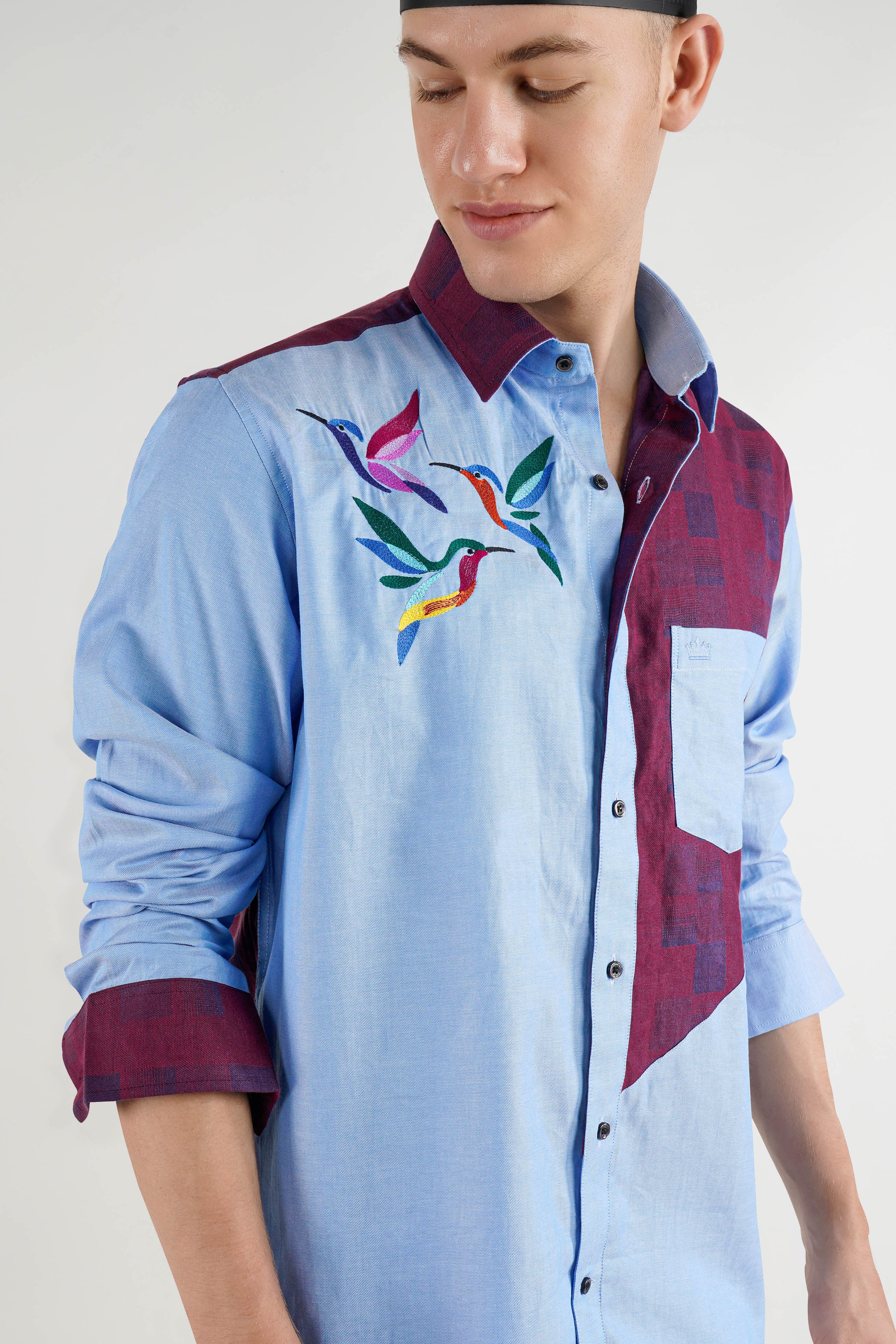 Casper Blue And Eclipse Wine Bird Embroidered Jacquard Textured Premium Cotton Designer Shirt.