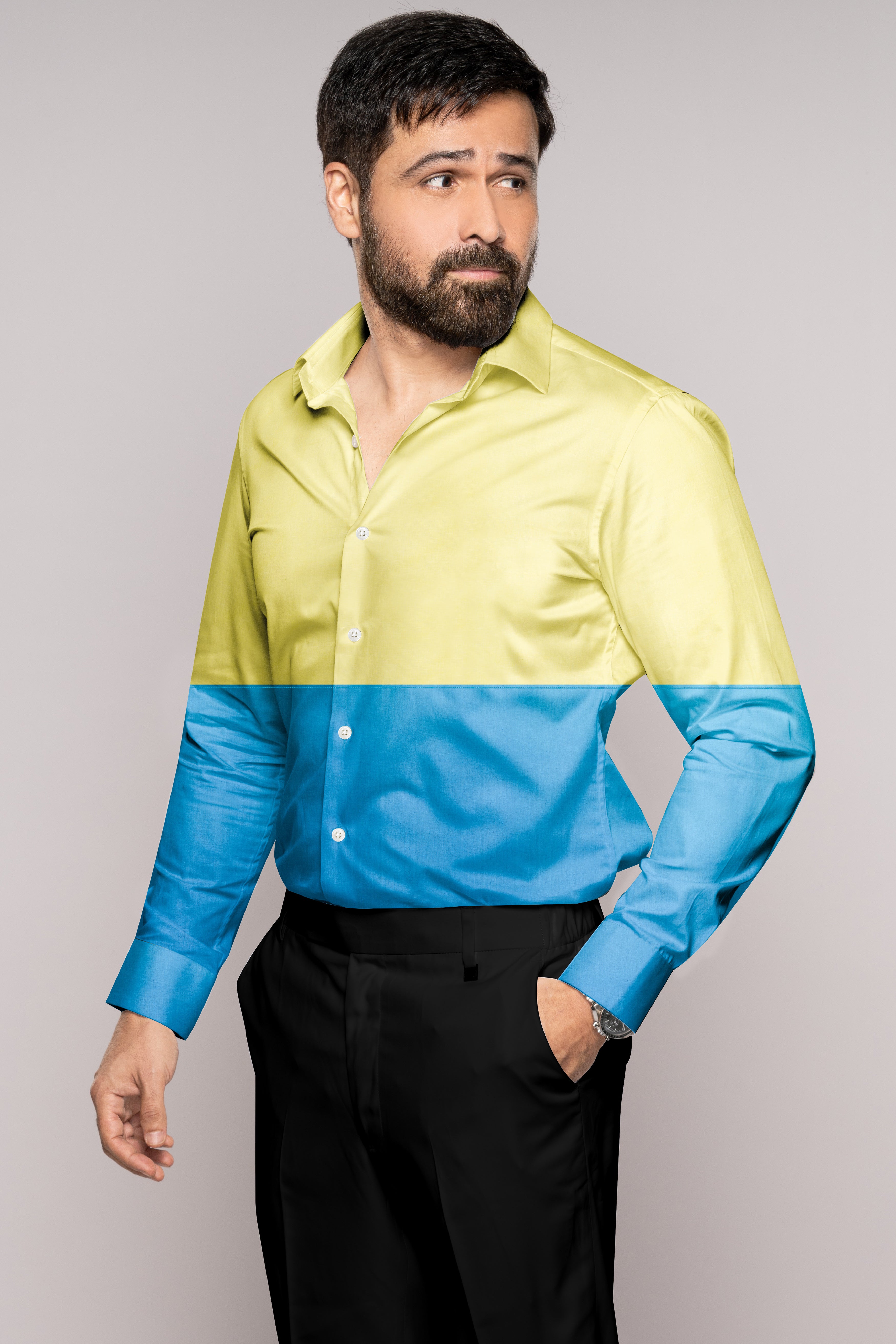 Blond Yellow with Bondi Blue Luxurious Linen Designer Shirt