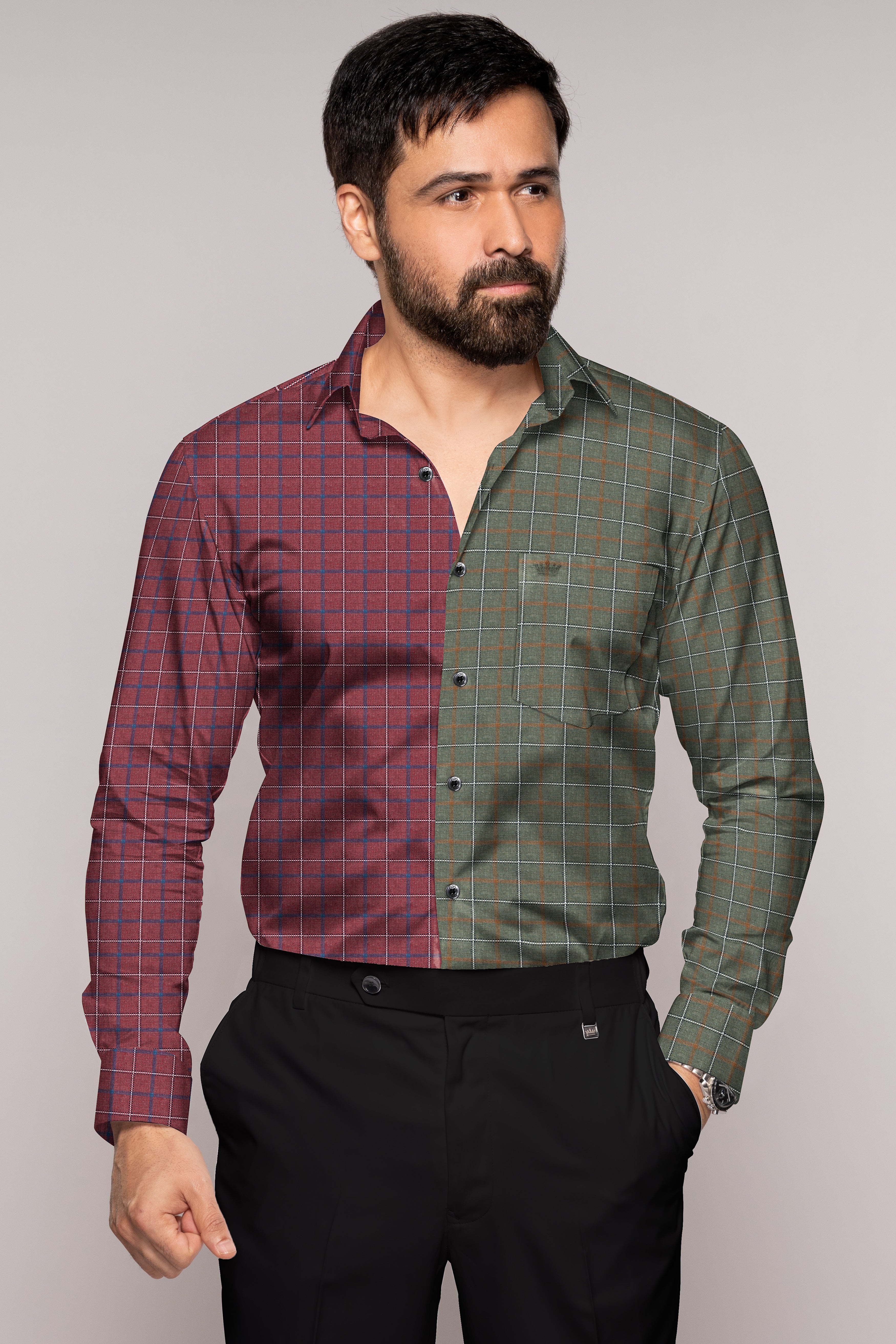 Copper Rust Red and Limed Ash Green Windowpane Dobby Textured Premium Giza Cotton Shirt