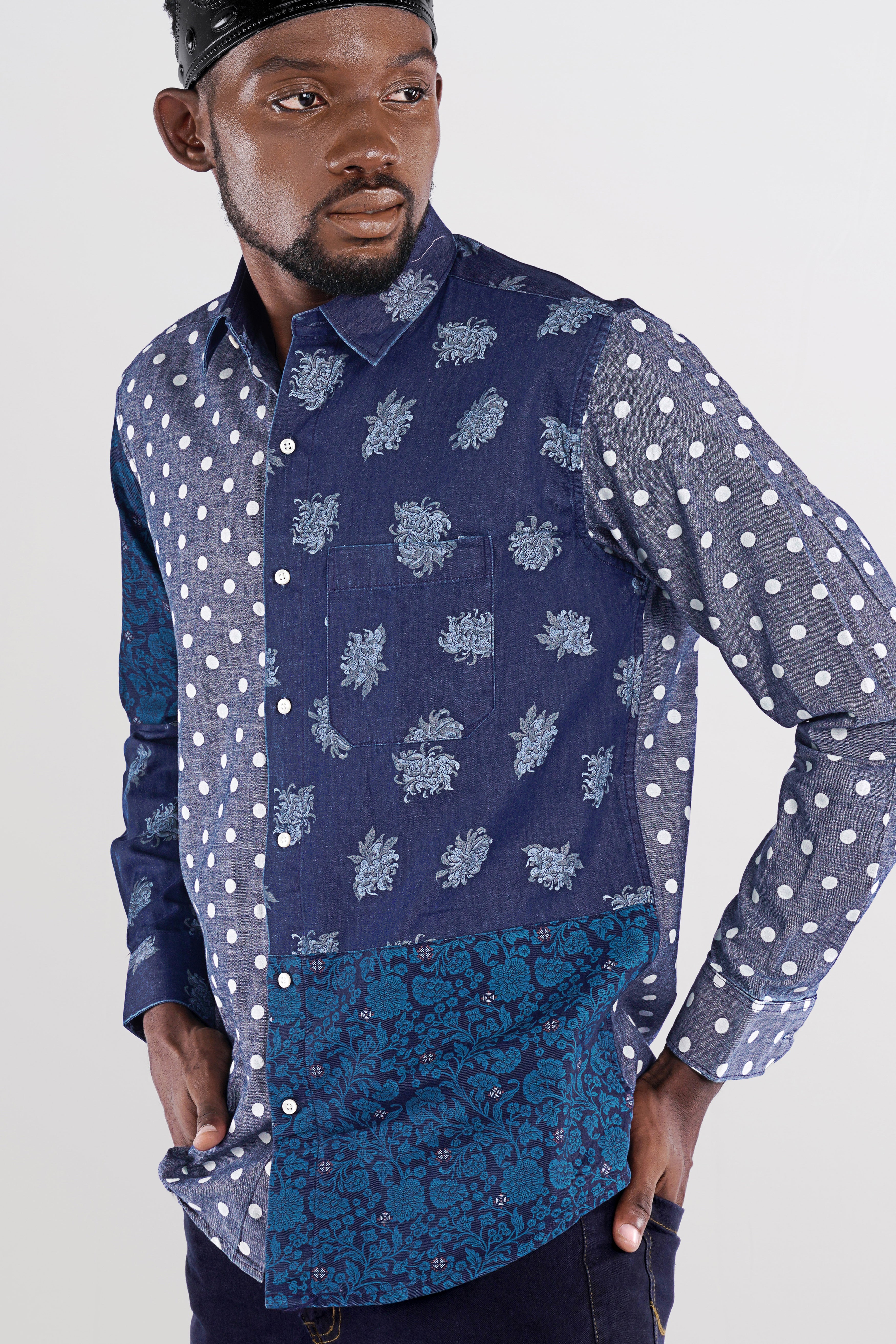 Gunpowder Blue Polka Dotted Chambray Textured Premium Cotton Designer denim Shirt