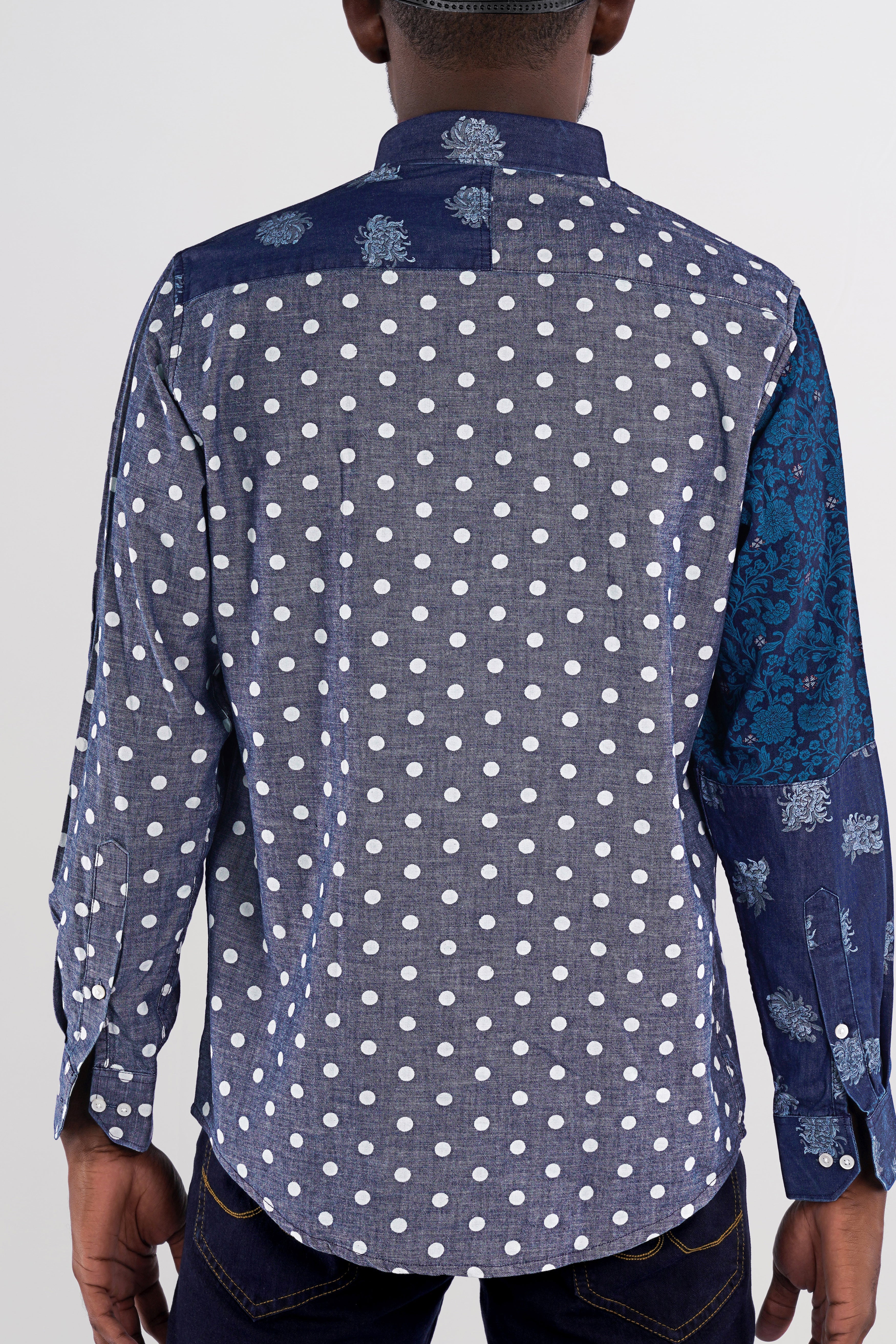 Gunpowder Blue Polka Dotted Chambray Textured Premium Cotton Designer denim Shirt