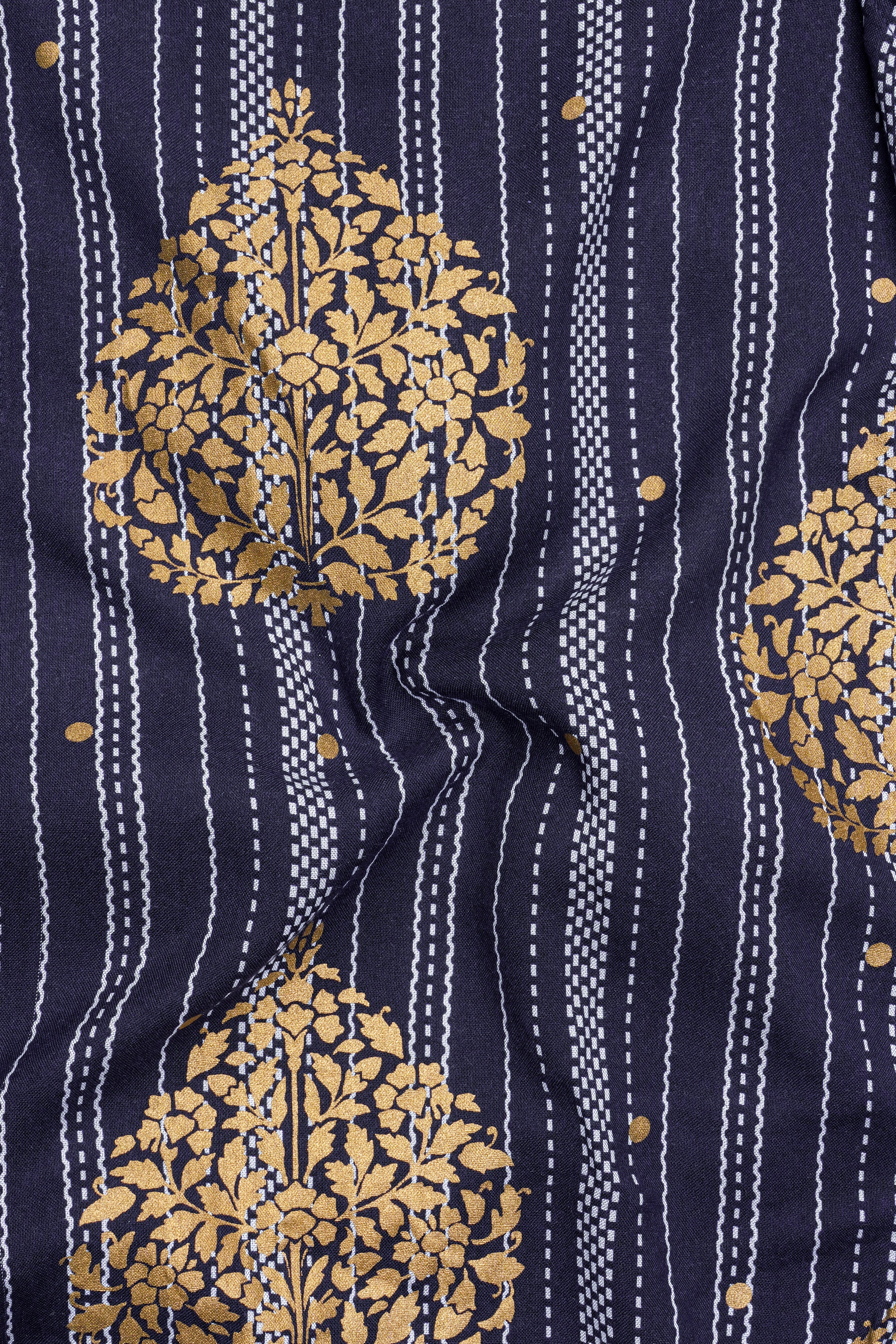 Gunmetal Blue And Tacao Golden Damask Foil Printed Premium Cotton Kurta Shirt