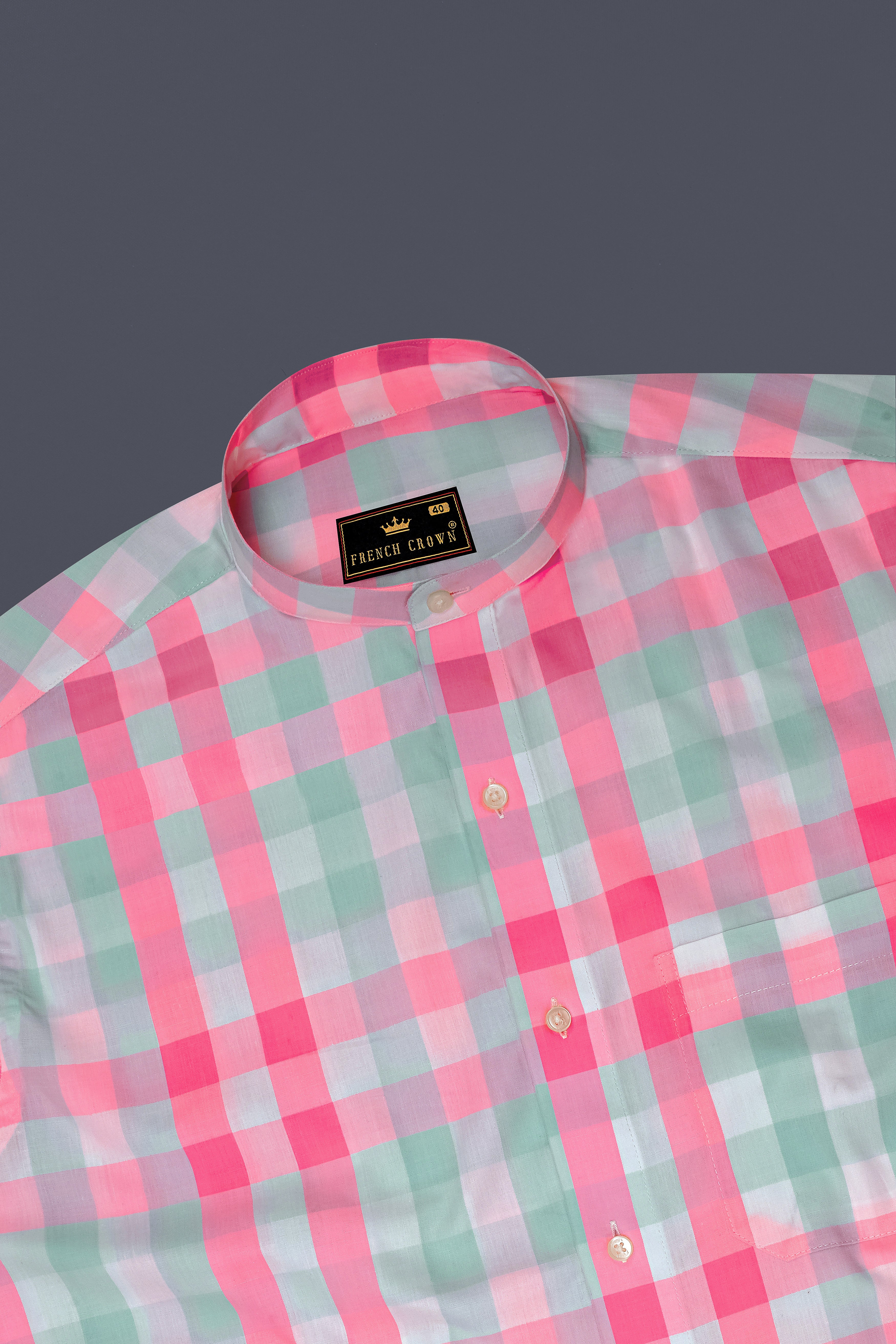 Cherry Blossom Pink and Onahau Sea Blue Plaid  Premium Cotton Kurta Shirt